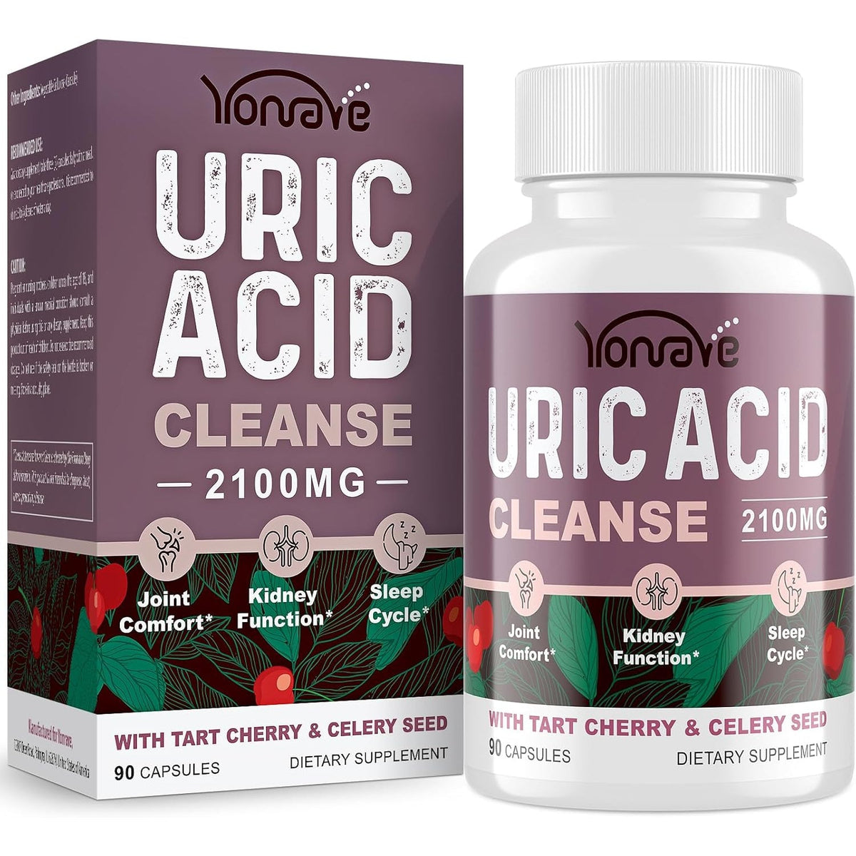 Yonrave Uric Acid Cleanse & Detox - Tart Cherry Capsules, Celery Seed Uric Acid Supplement – Kidney, Joint and Sleep – 90 Veggie Capsules（1 Bottle）