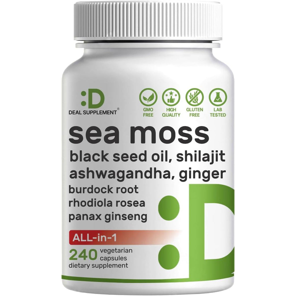DEAL SUPPLEMENT Irish Sea Moss 240 Veggie Capsules – 14 Superfood Complex with Black Seed Oil, Ashwagandha, & Ginger