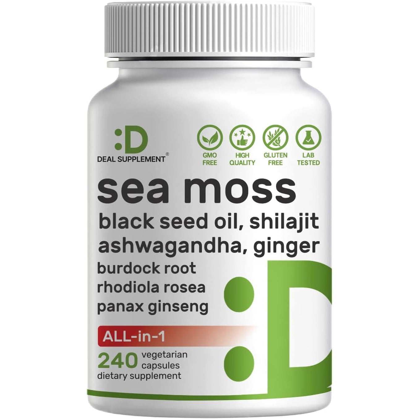 DEAL SUPPLEMENT Irish Sea Moss 240 Veggie Capsules – 14 Superfood Complex with Black Seed Oil, Ashwagandha, & Ginger