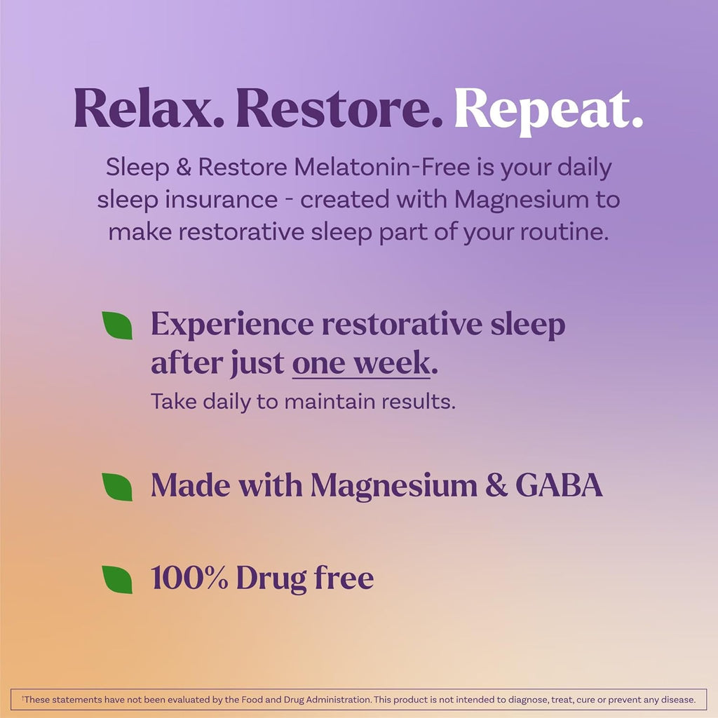 Natrol Sleep & Restore Capsules with Magnesium Glycinate 100Mg, GABA, Essential for Your Ultimate Restorative Sleep, Melatonin-Free, 30 Day Supply