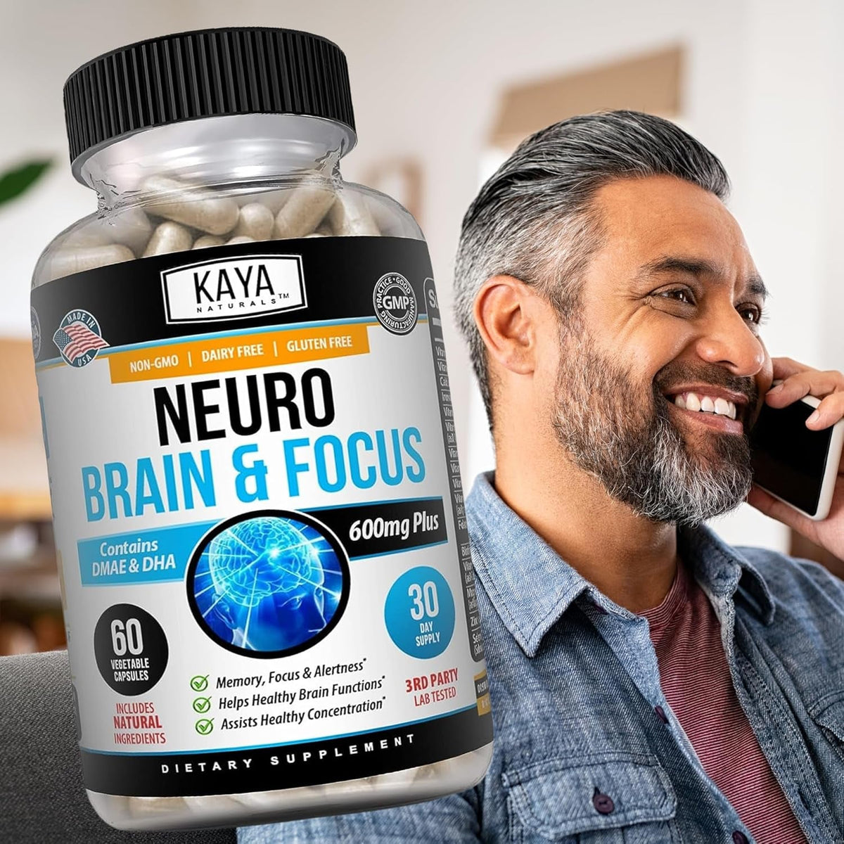 Kaya Naturals - Neuro Brain for Memory & Focus - Nootropic Energy Capsule - Nootropic Brain Support Supplement - Focus & Concentration & Learning Accuracy - Cognitive Function - 60 Count