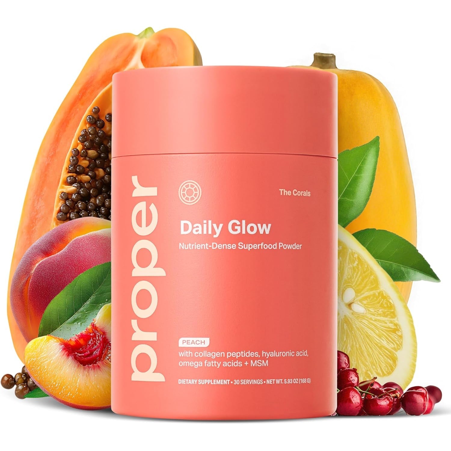 Proper, the Corals Daily Glow Beauty Blend - Nutrient Dense Superfood Powder with Collagen Peptides, Hyaluronic Acid Powder, Vitamin C, and MSM. Hair, Skin, Nail Vitamin Supplement for Women & Men