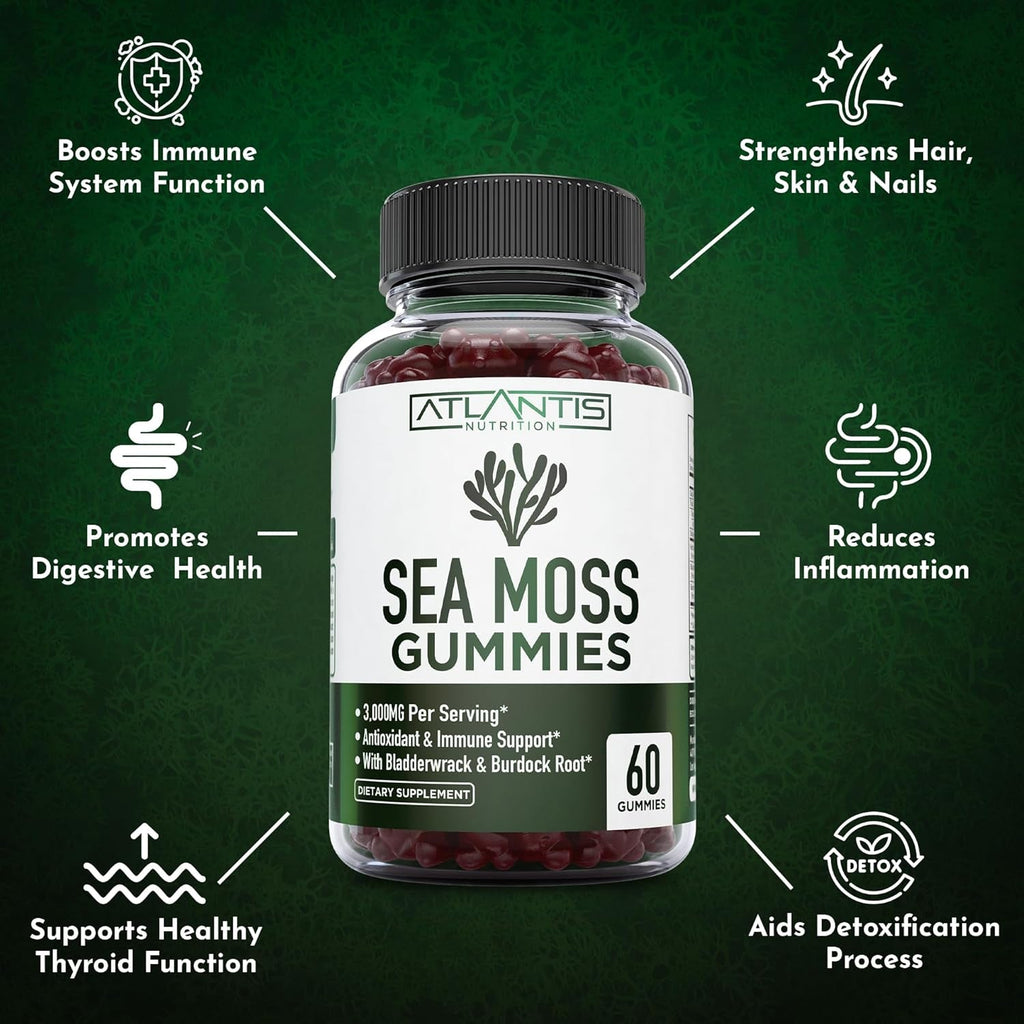 Irish Sea Moss Gummies - 3000MG - Formulated W/ Irish Sea Moss, Bladderwrack & Burdock Root, Contain Essential Vitamin & Mineral - Antioxidant-Rich Superfood Supplement, 60 Sea Moss Gummies for Adults