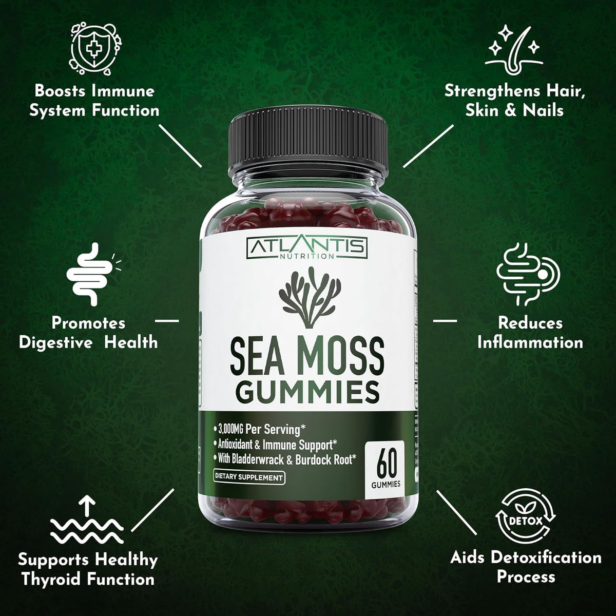 Irish Sea Moss Gummies - 3000MG - Formulated W/ Irish Sea Moss, Bladderwrack & Burdock Root, Contain Essential Vitamin & Mineral - Antioxidant-Rich Superfood Supplement, 60 Sea Moss Gummies for Adults