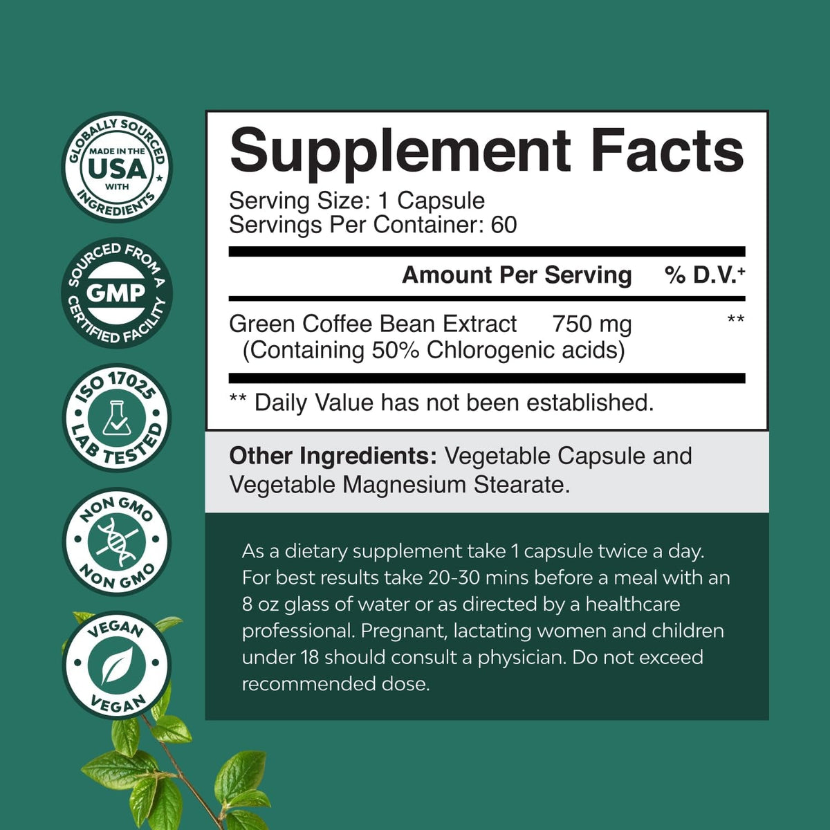 Green Coffee Bean Extract for Metabolism Support - Green Coffee Beans Chlorogenic Acid Supplement for Body Weight Maintenance & Diet Support - Herbal Capsules for Energy and Immune Help - 60 Count