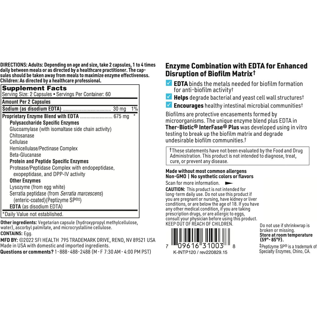 SFI Health Klaire Labs Ther-Biotic Interfase plus - anti Biofilm Enzymes with EDTA to Support Gut Flora, Toxin Cleanse & Full Body Detox - Promote Biofilm Matrix Disruption (120 Capsules)