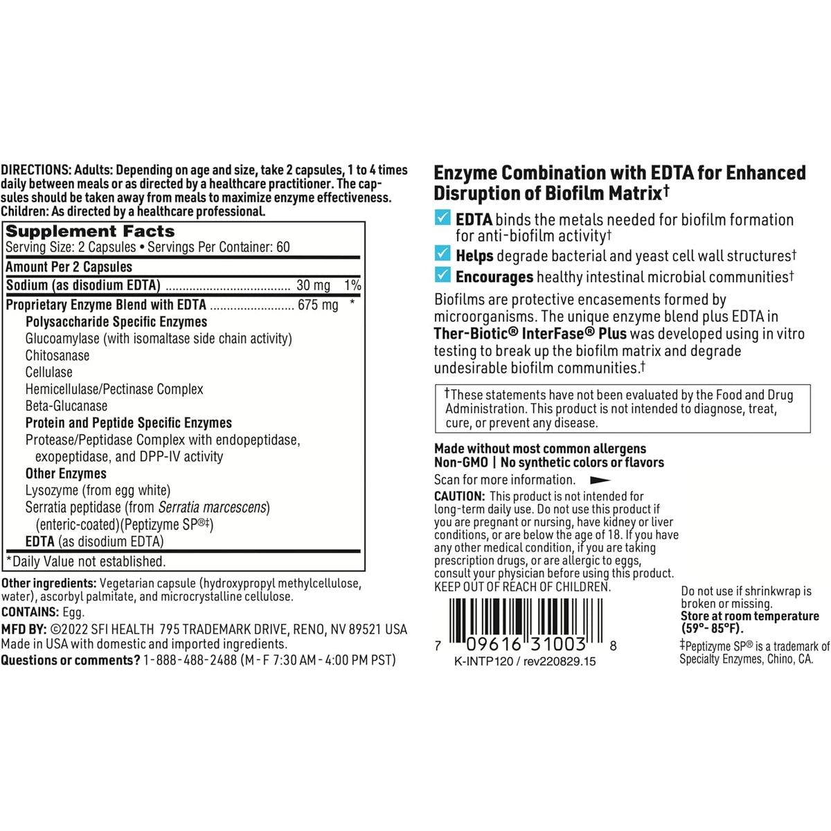 SFI Health Klaire Labs Ther-Biotic Interfase plus - anti Biofilm Enzymes with EDTA to Support Gut Flora, Toxin Cleanse & Full Body Detox - Promote Biofilm Matrix Disruption (120 Capsules)