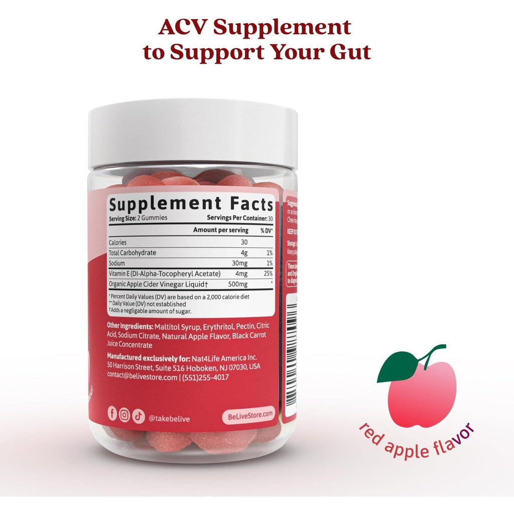 Belive Apple Cider Vinegar Gummies - ACV Gummies without Sugar I Detox & Cleanse Digestive Health I Alternative to Capsules, Vegan, Keto Friendly, Gluten Free | 60 Ct