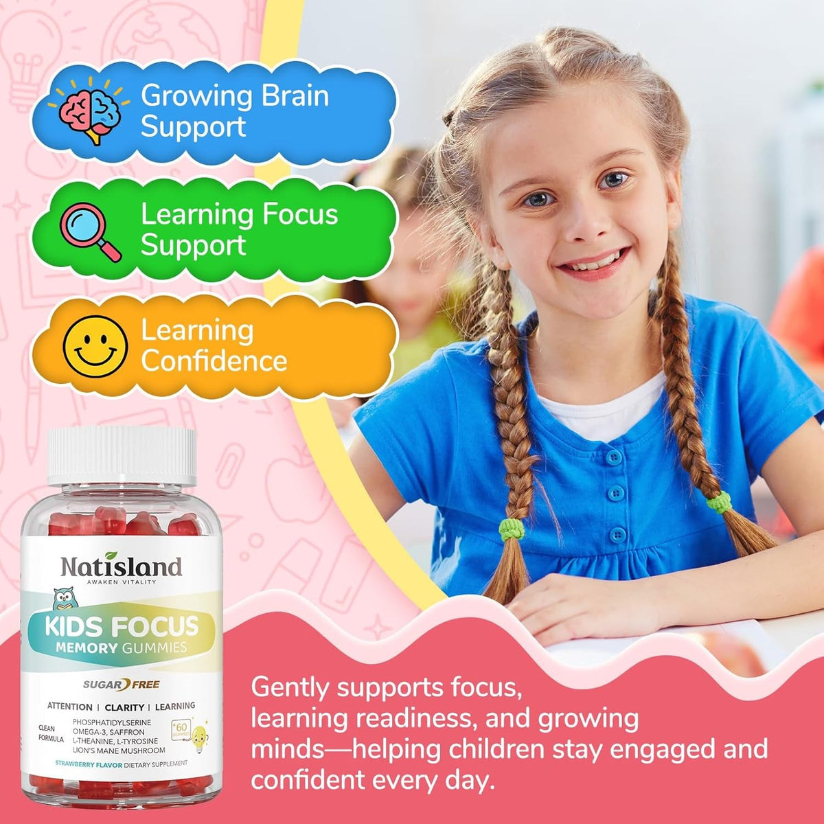 Focus Gummies for Kids, Brain Supplements with Phosphatidylserine, Omega-3 & Saffron, for Kids Memory, Focus & Attention Support, Sugar Free, Vegan, Strawberry Flavor, 60 Chewable