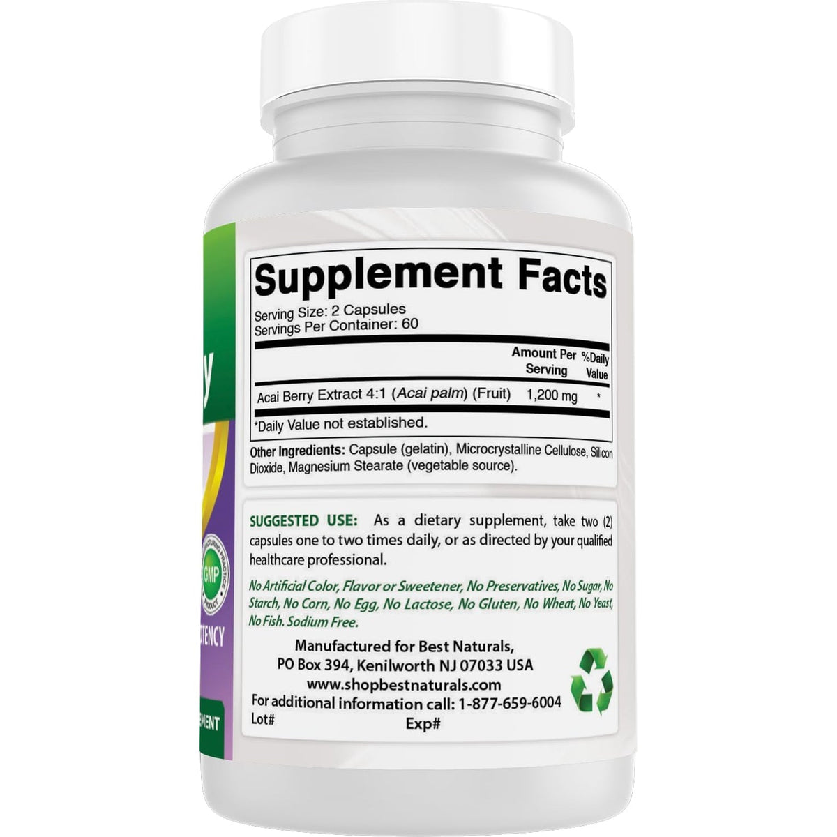 #1 Acai Berry 600Mg per Serving by Best Naturals -- 100% Pure High Potency -- Supports Fat Metabolism -- Manufactured in a USA Based GMP Certified Facility and Third Party Tested for Purity. Guaranteed!! (120 Caps)
