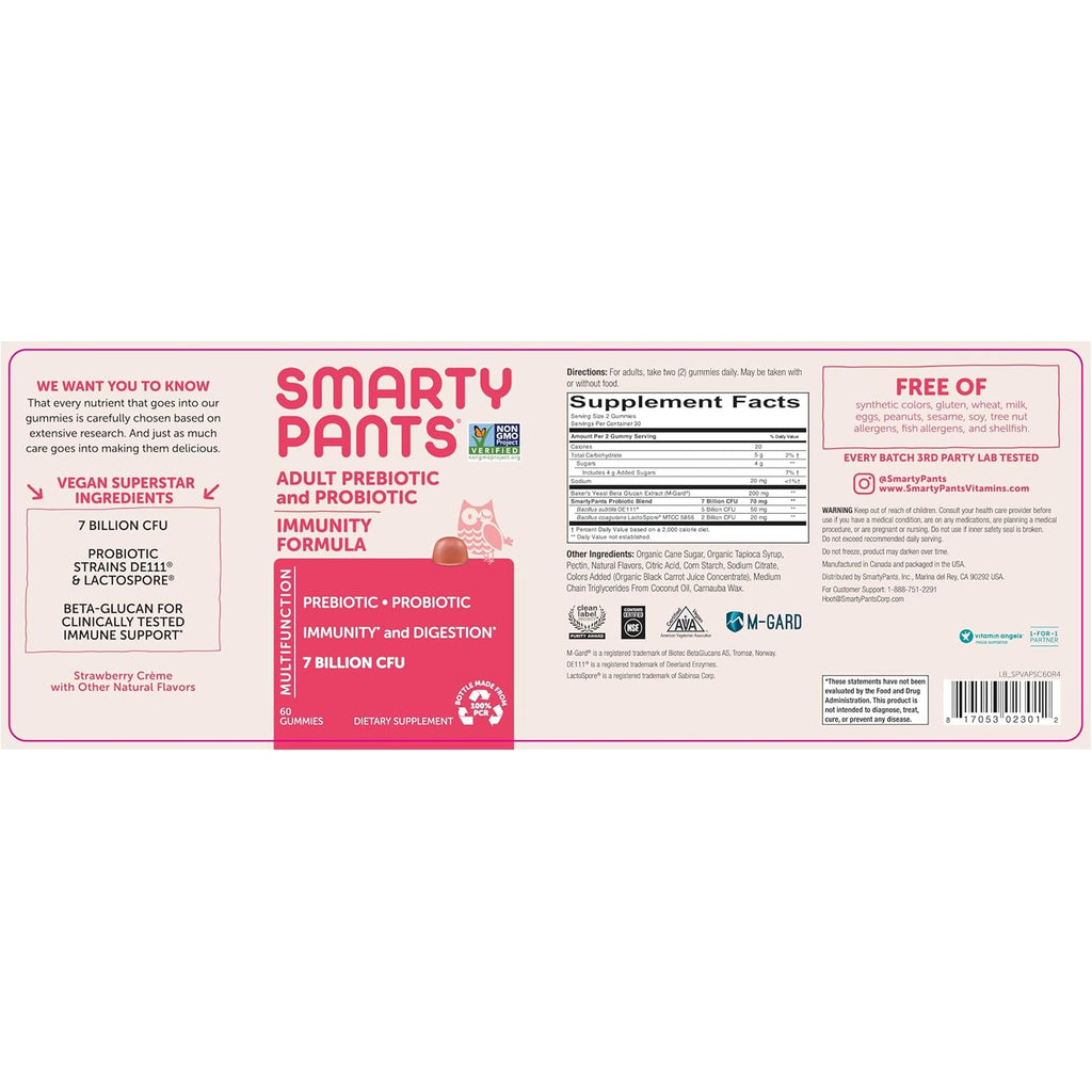 Smartypants Adult Probiotic & Prebiotic Gummies for Digestive Health: Gut Health Supplement, Clinically Studied Prebiotic for Immune Support, Strawberry, 60 Count (30 Day Supply)