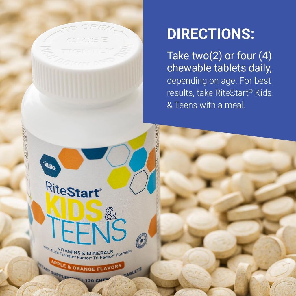 4Life Ritestart Kids and Teens- Apple, Orange Flavors, 22 Essential Vitamins, Minerals, Immune System and Brain Support Ages 2+ - 120 Chewable Tablets