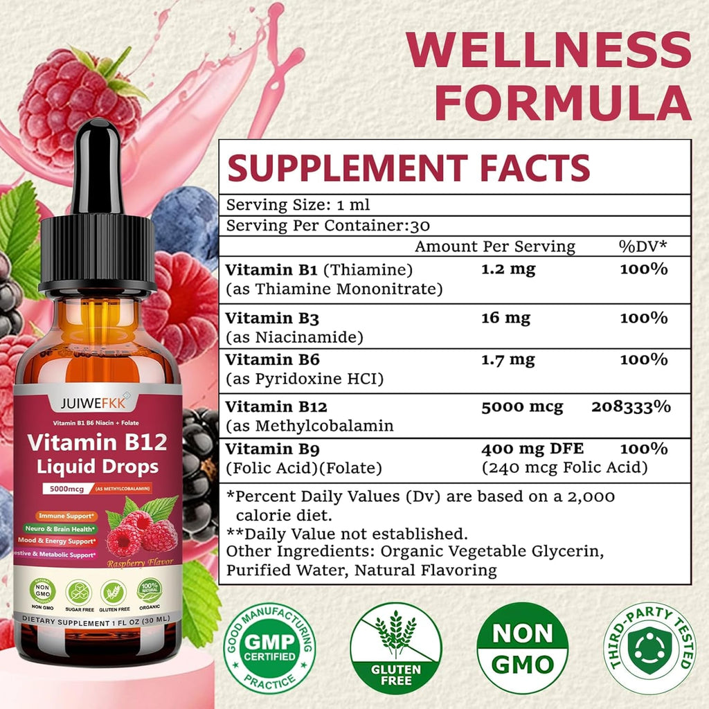 Liquid Vitamin B12 Drops 5000 Mcg - Extra Strength B12 Methylcobalamin with B1 B6 B3 Folate Niacin - Fast Absorption Sublingual B-12 Drops for Energy Metabolism & Brain Function, Vegan B Complex