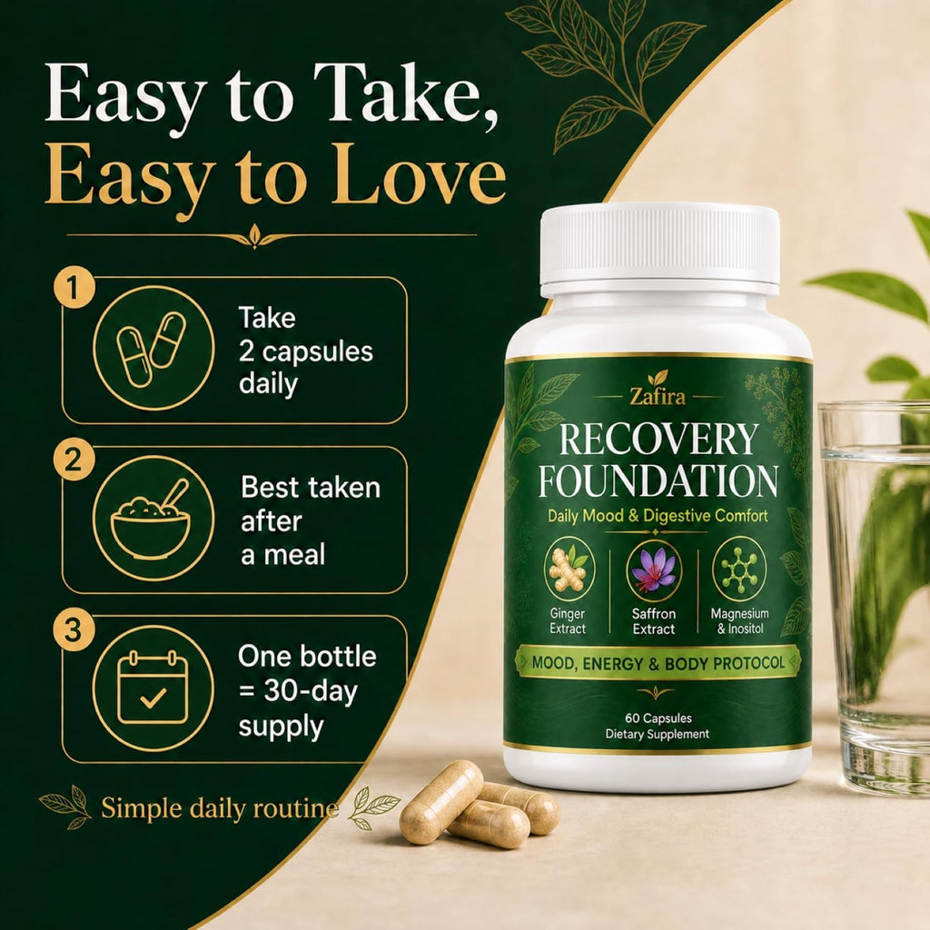 Zafira Recovery Foundation Capsules, Mood & Digestive Support with Saffron, Ginger, Non-Gmo, Gluten-Free, 60 Capsules (1 Pc)