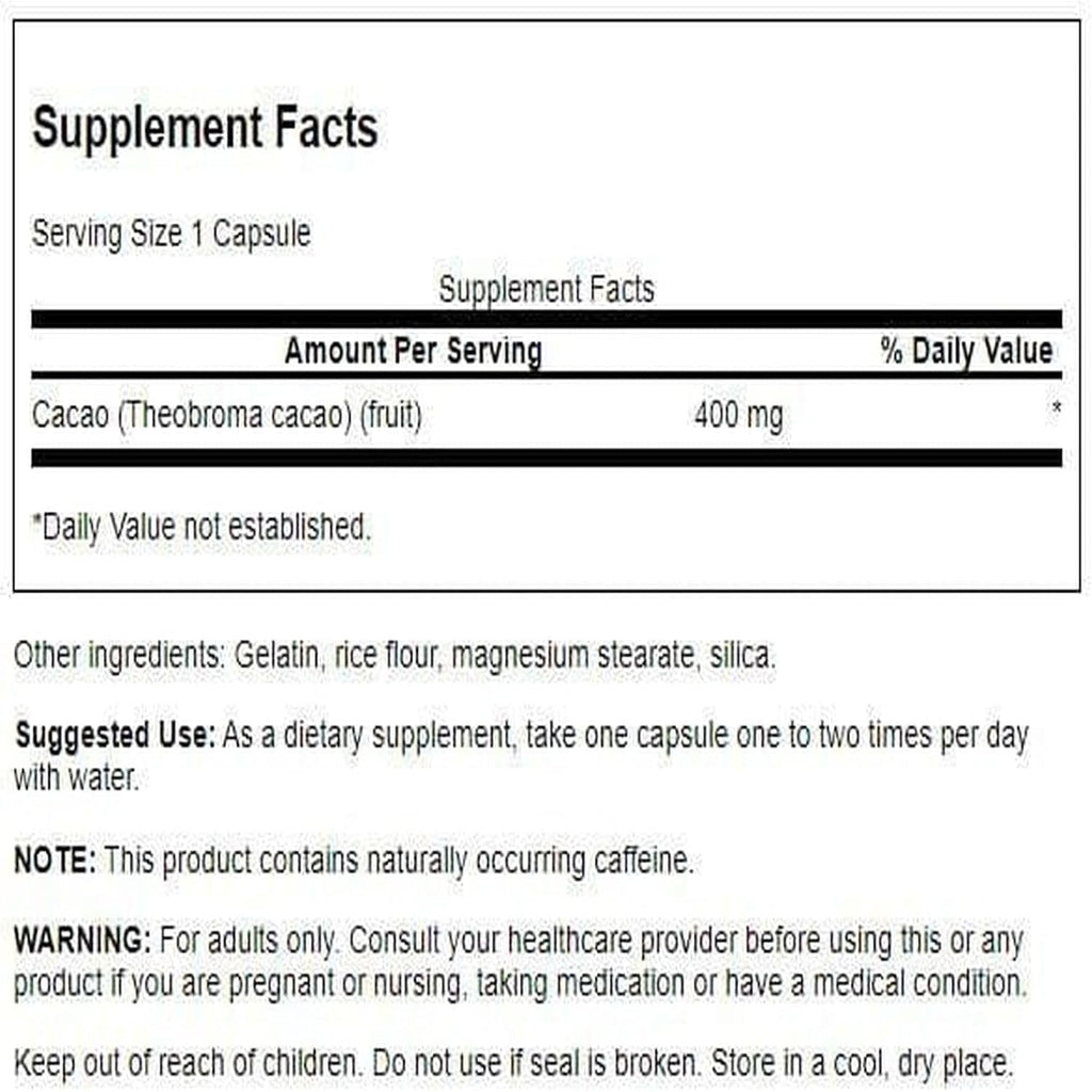 Swanson Full Spectrum Cacao (Raw Cocoa) - Herbal Supplement Promoting Mild Energy Support - Traditional Whole Fruit Formula - (60 Capsules, 400Mg Each)