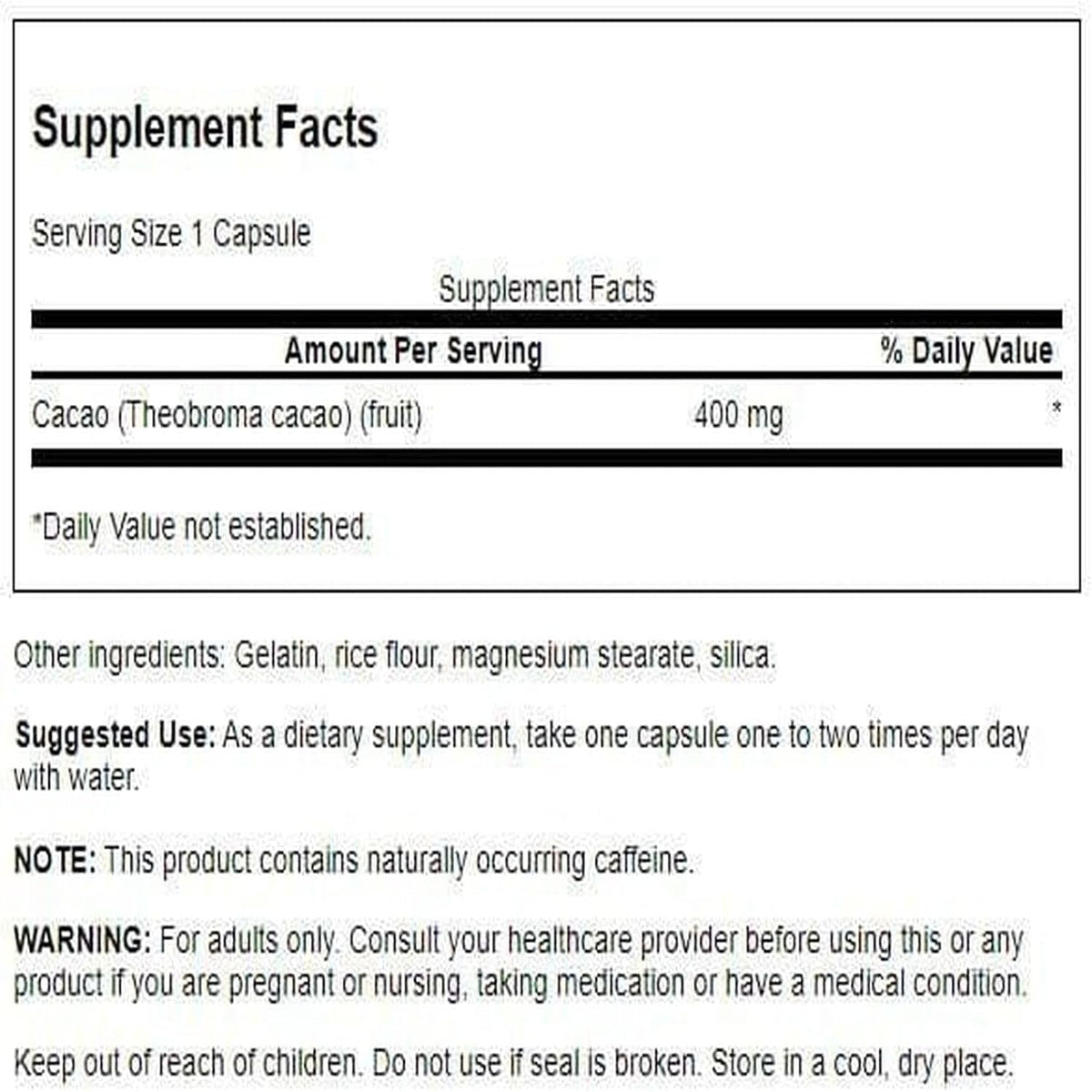 Swanson Full Spectrum Cacao (Raw Cocoa) - Herbal Supplement Promoting Mild Energy Support - Traditional Whole Fruit Formula - (60 Capsules, 400Mg Each)