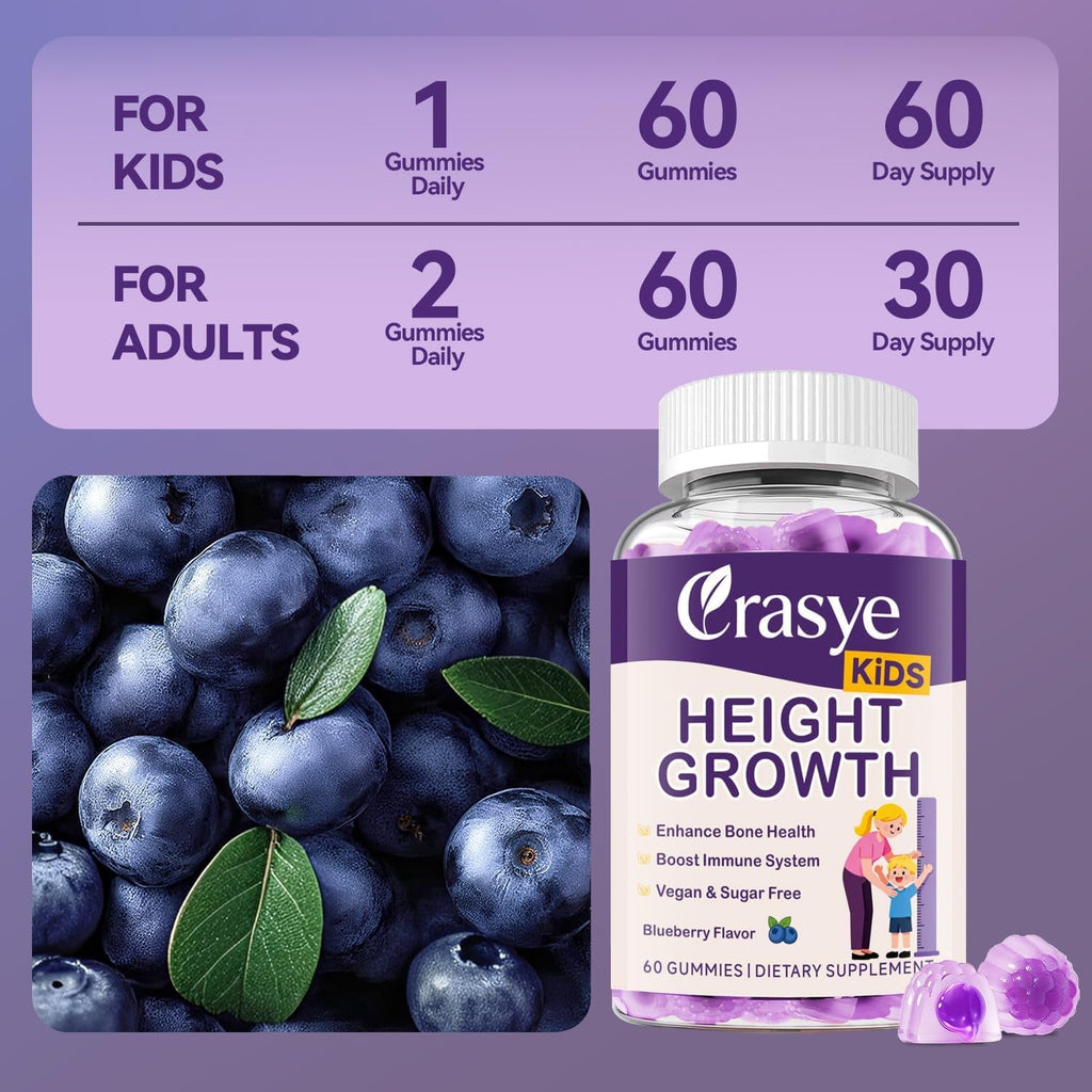 Height Growth Gummies for Kids & Teens - Calcium, Vitamin D3 + K2, Zinc, Magnesium, L-Arginine - Teen Multivitamin Gummies for Children Bone Strength and Immunity - 60 Gummies