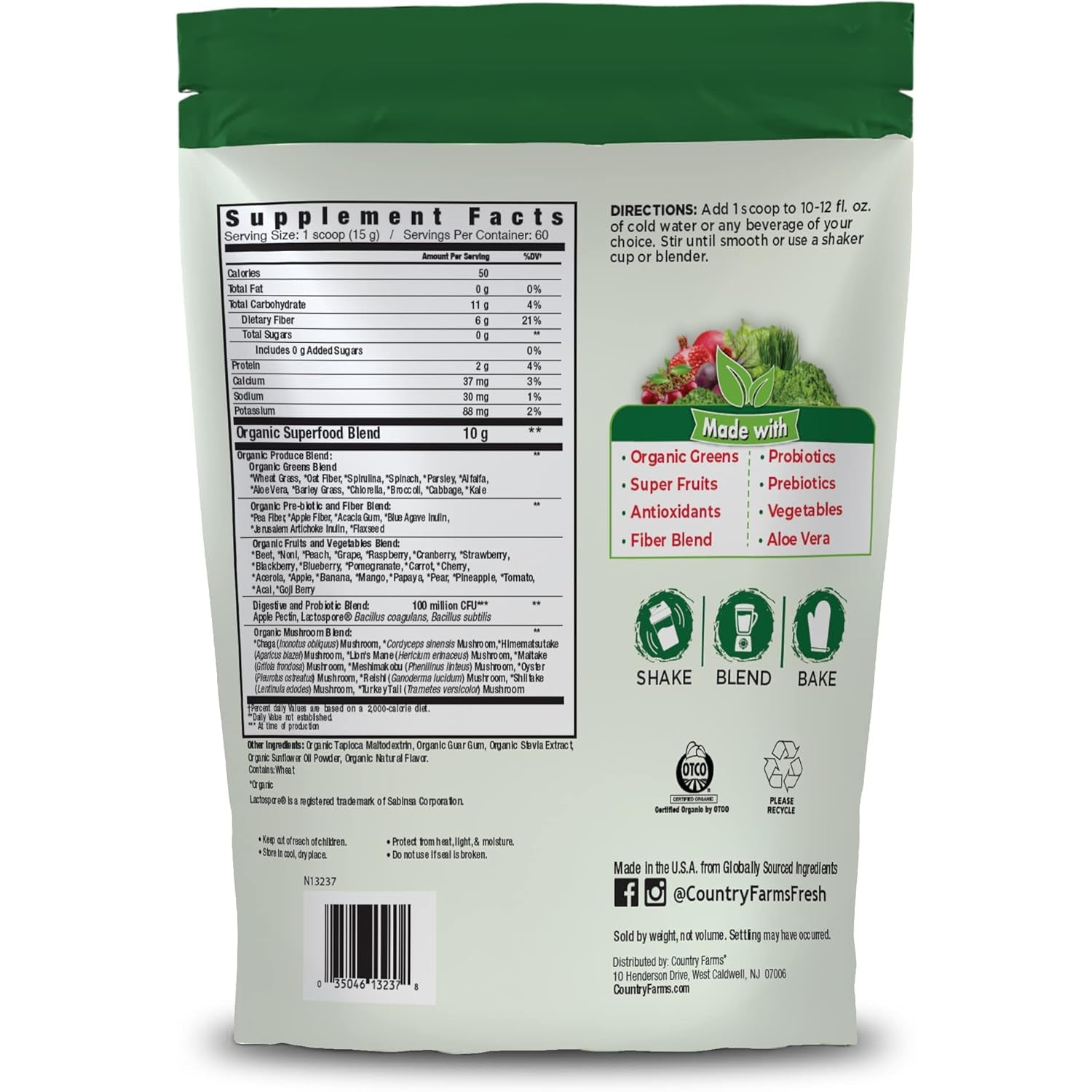 Country Farms Super Greens Natural Flavor, 50 Organic Super Foods, USDA Organic Drink Mix, Fruits, Vegetables, Super Greens, with Fiber, Mushrooms & Probiotics, Supports Energy, 60 Servings, 900G