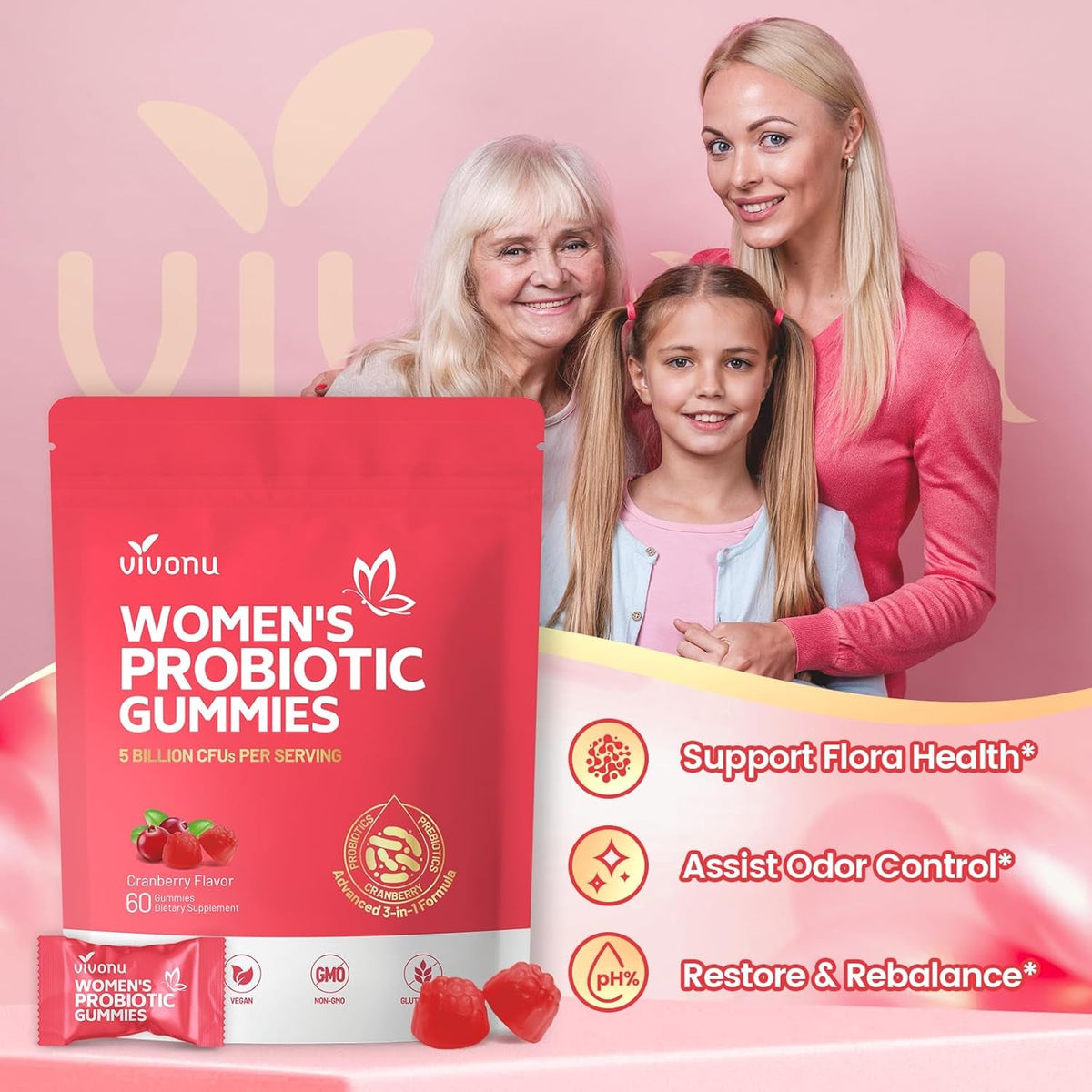 Vivonu Viginal Probiotics for Women, Women Probiotic Gummies, Feminine Balance Gummies, Prebiotic Gummy, Cranberry Probiotics for Woman Vaginigal Health, Yeast Ph Balance| 60 Gummies