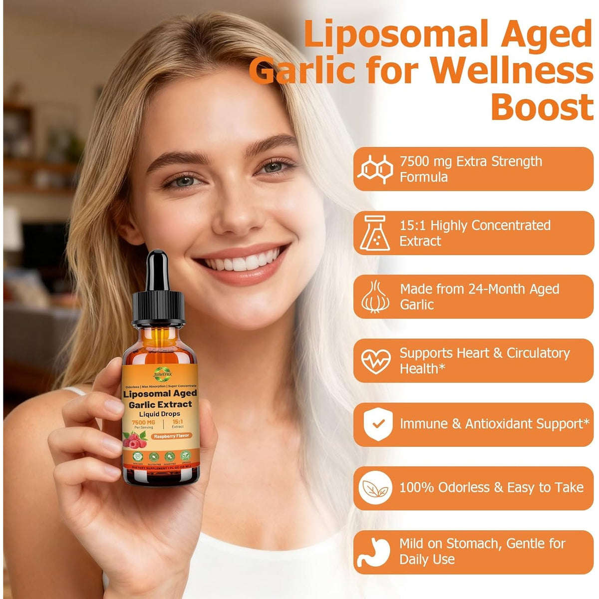 Aged Garlic Extract Liquid Drop – 500 Mg per Serving, 15:1 Extract, Odorless, Liposomal Technology for Fast Absorption – Heart & Immune Support Supplement for Men & Women, Raspberry Flavor