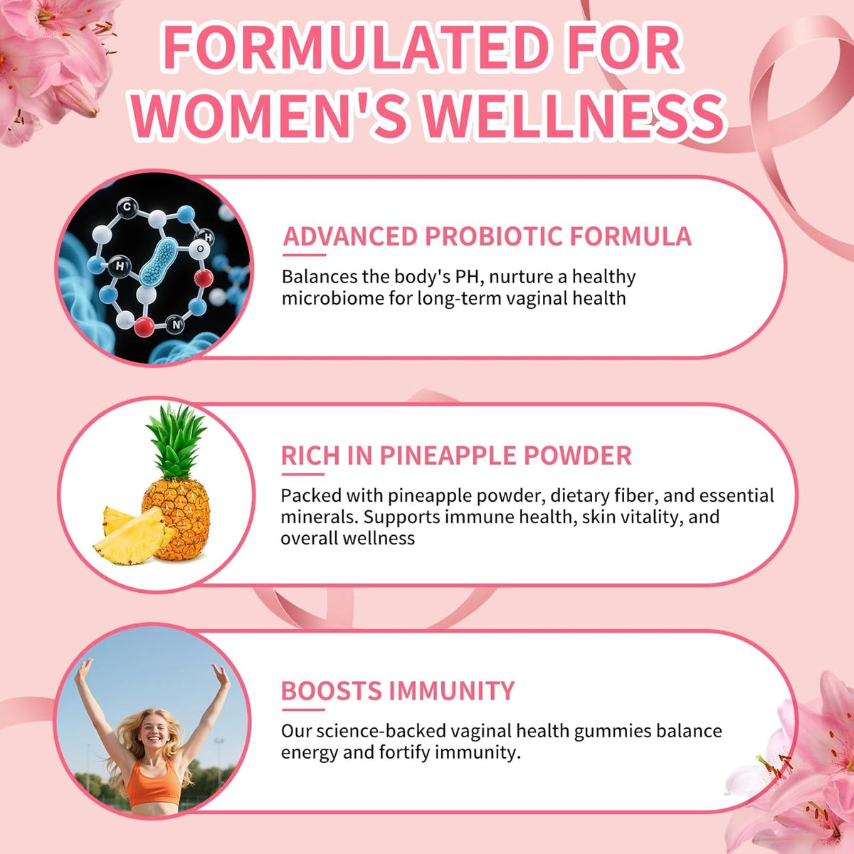 Premium Feminine Balance Gummies for Women'S Health, Hawaiian Pineapple Gummies for Women Vaginal Probiotic & Ph Balance Support - Vegan - Healthy Odor - Gluten-Free - 60 Count