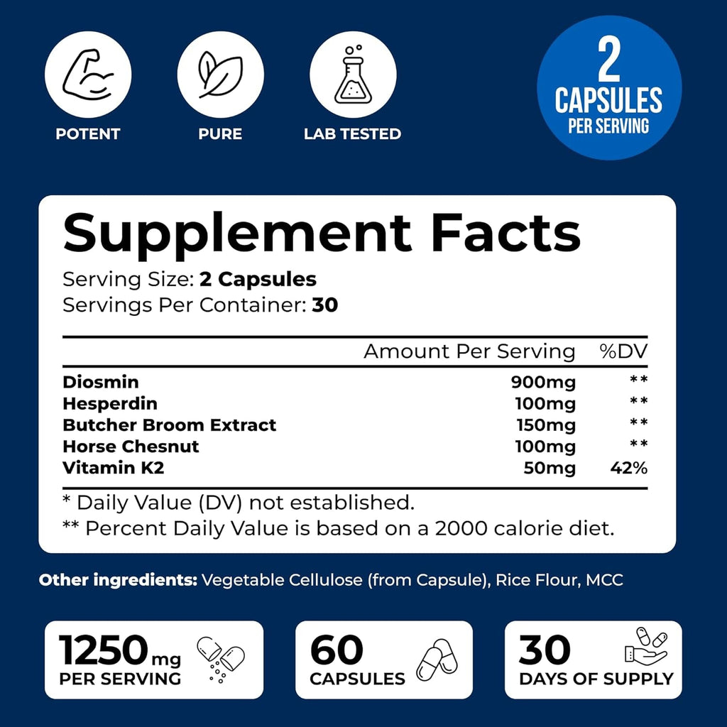 We like Vitamins Vein Vitality 1250Mg Diosmin Hesperidin Complex for Varicose Veins Treatment, Horse Chestnut, Butchers Broom, Bioflavonoids - Supports Blood Circulation for Leg Veins- 60 Capsules