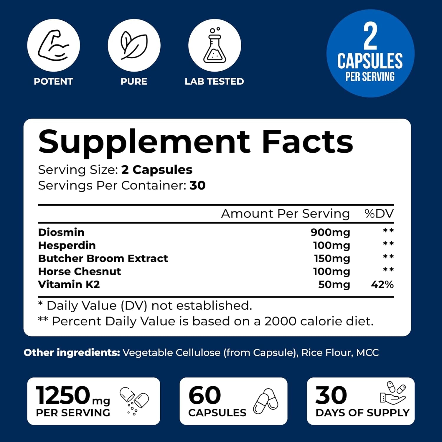 We like Vitamins Vein Vitality 1250Mg Diosmin Hesperidin Complex for Varicose Veins Treatment, Horse Chestnut, Butchers Broom, Bioflavonoids - Supports Blood Circulation for Leg Veins- 60 Capsules