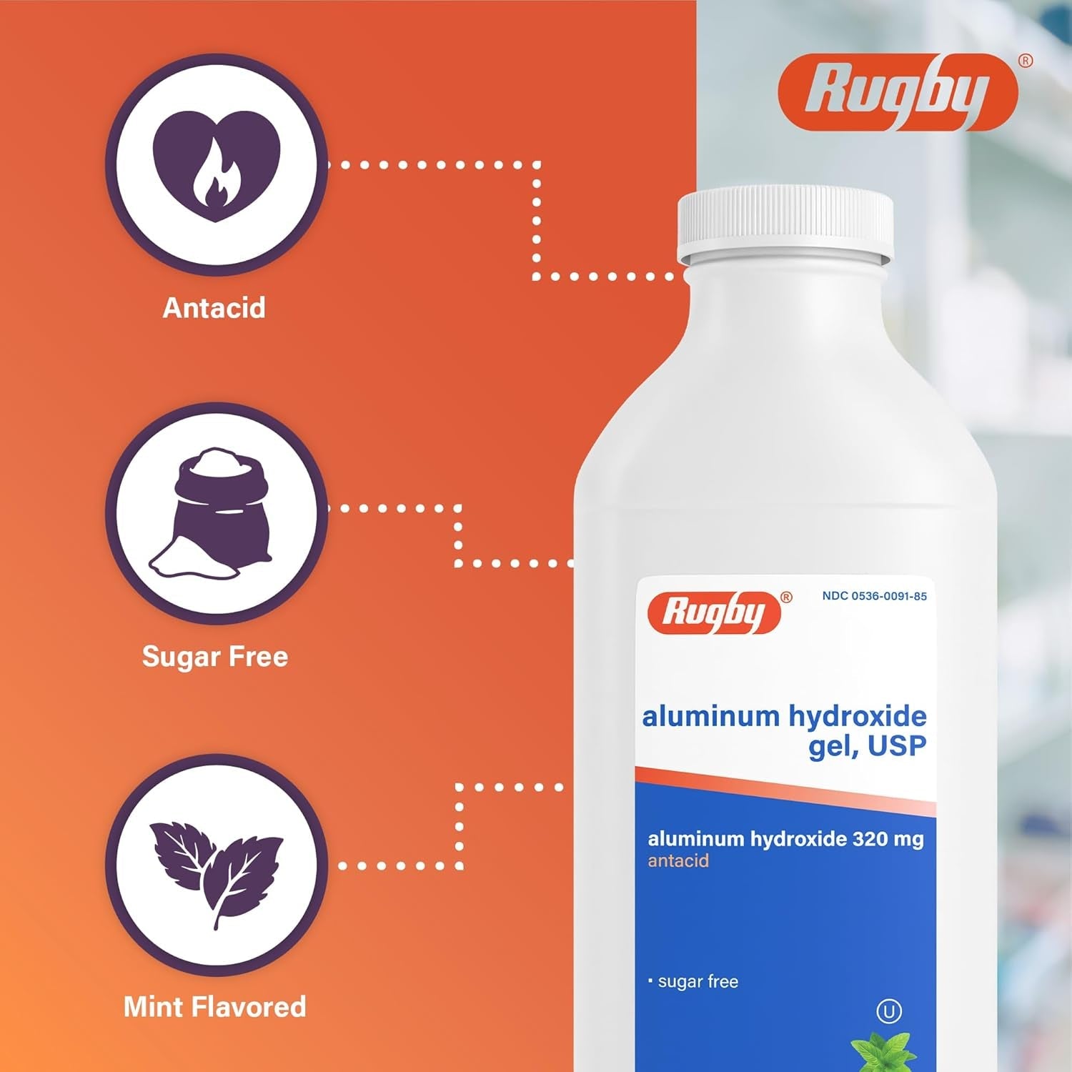 Rugby 320 Mg Aluminum Hydroxide Gel, USP - Antacid Liquid - Upset Stomach, Acid Indigestion, and Heartburn Relief - Sugar-Free - Mint Flavored - 16 Fl. Oz. (1 Pack)