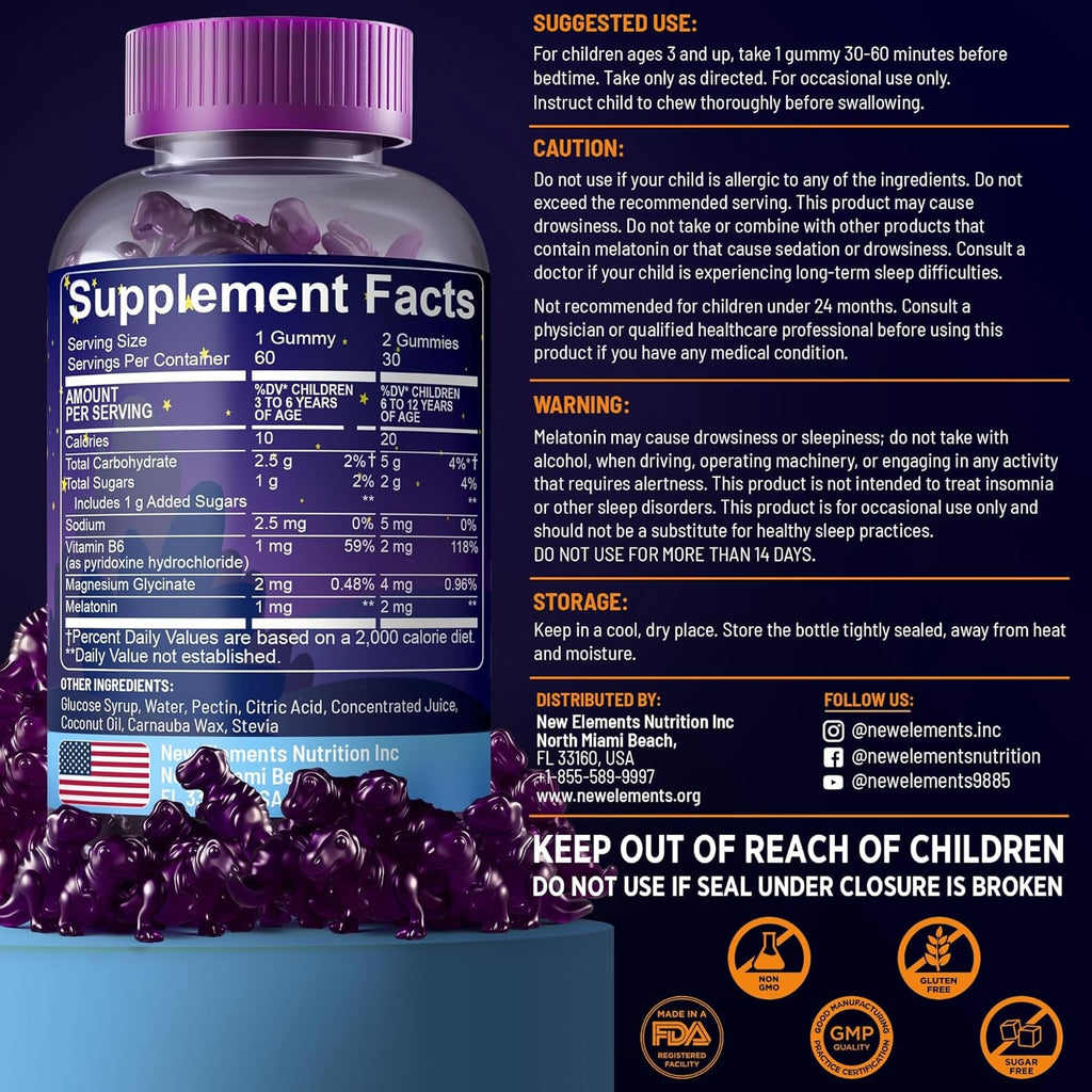 New Elements Melatonin Gummies Kids 2Mg with Magnesium Glycinate & Vitamin B6 | Sleep Gummies for Kids | Dinosaur-Shaped Sleep Support | Natural Grape Flavor | Sugar Free | Non-Gmo | Gluten Free