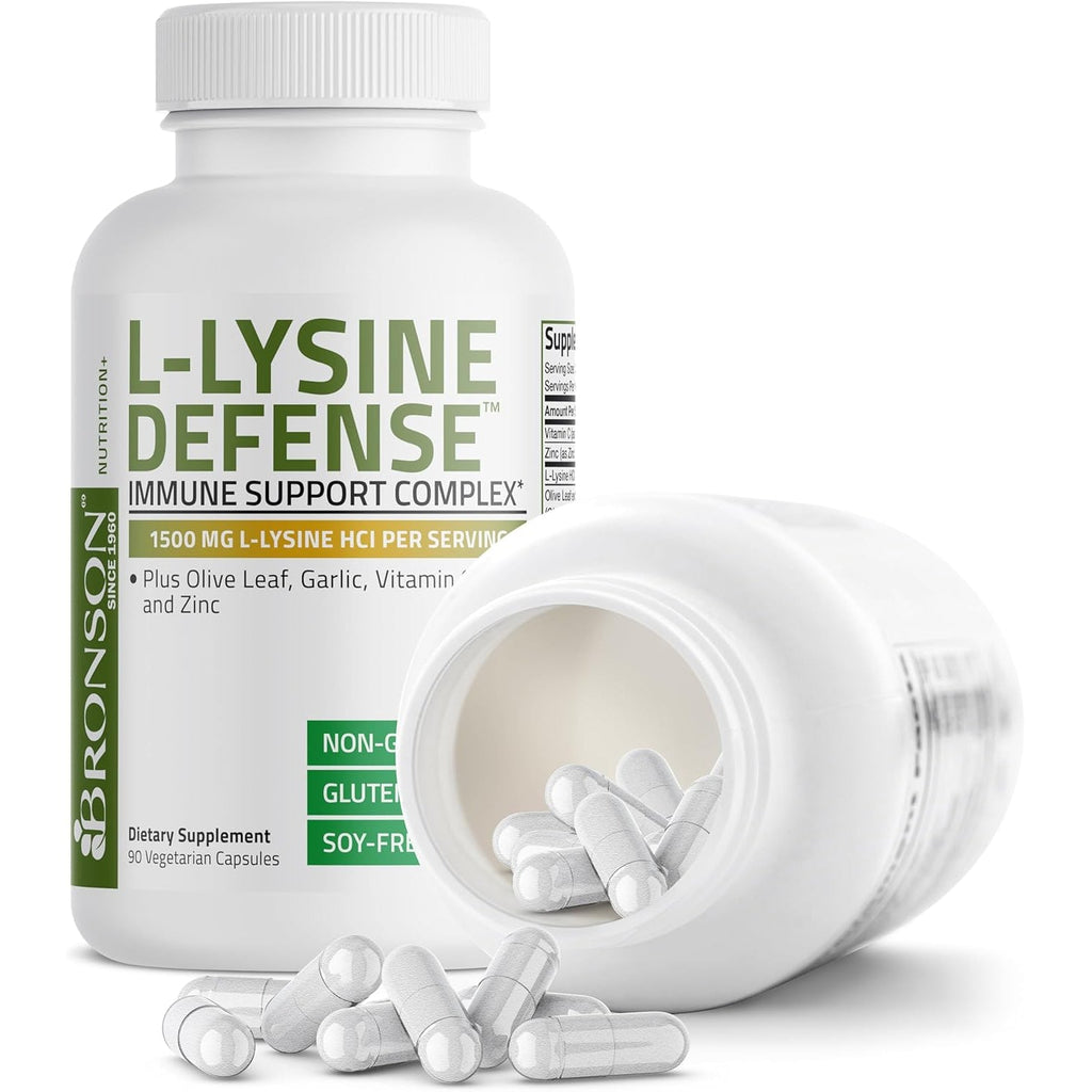 Bronson L-Lysine Defense Immune Support Complex 1500 MG L-Lysine plus Olive Leaf, Garlic, Vitamin C and Zinc - Non-Gmo, 90 Vegetarian Capsules