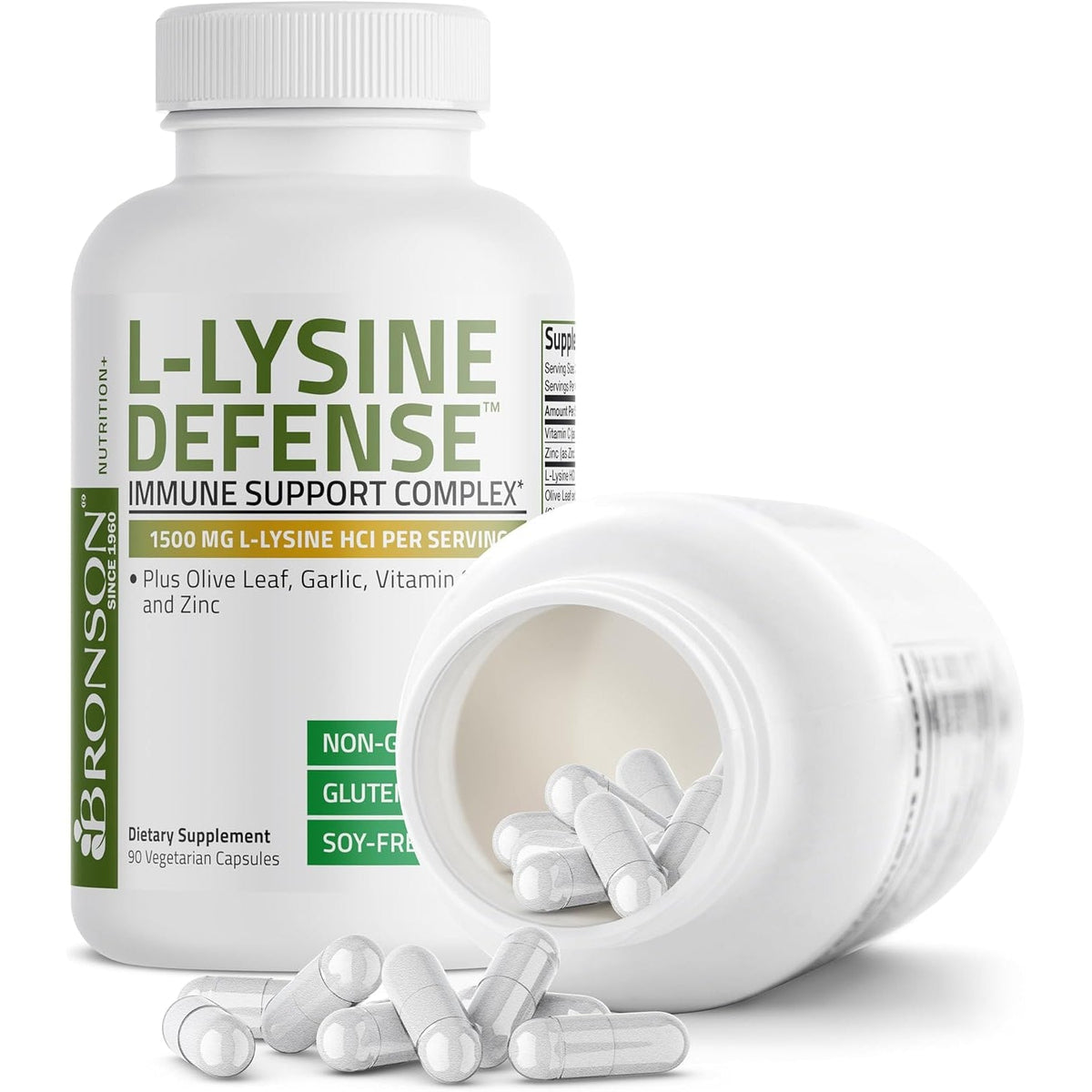 Bronson L-Lysine Defense Immune Support Complex 1500 MG L-Lysine plus Olive Leaf, Garlic, Vitamin C and Zinc - Non-Gmo, 90 Vegetarian Capsules