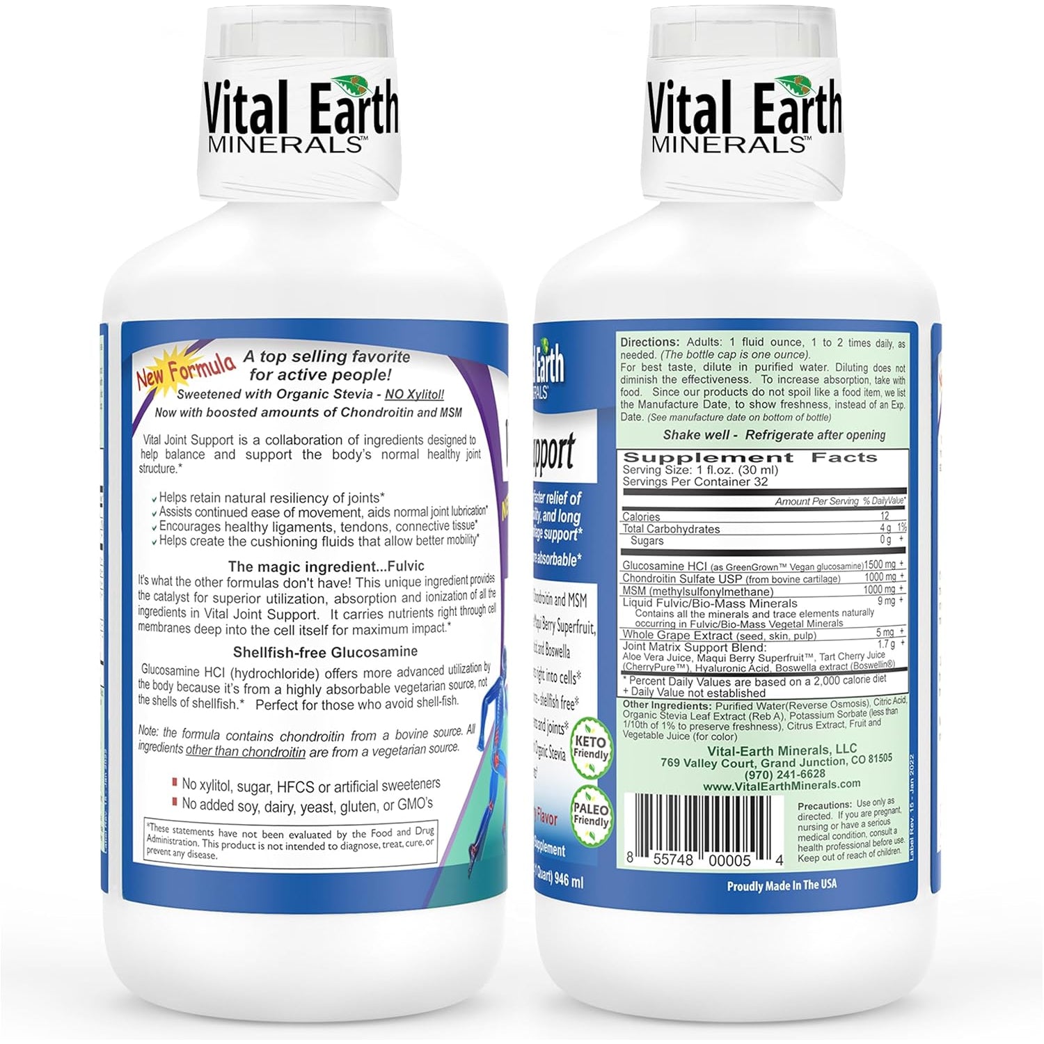 Vital Earth Liquid Joint Support Supplement – Glucosamine, Chondroitin, MSM plus Hyaluronic Acid, Boswellia & Fulvic Acid (70+ Trace Minerals), 32 Oz + 1 Oz Cup
