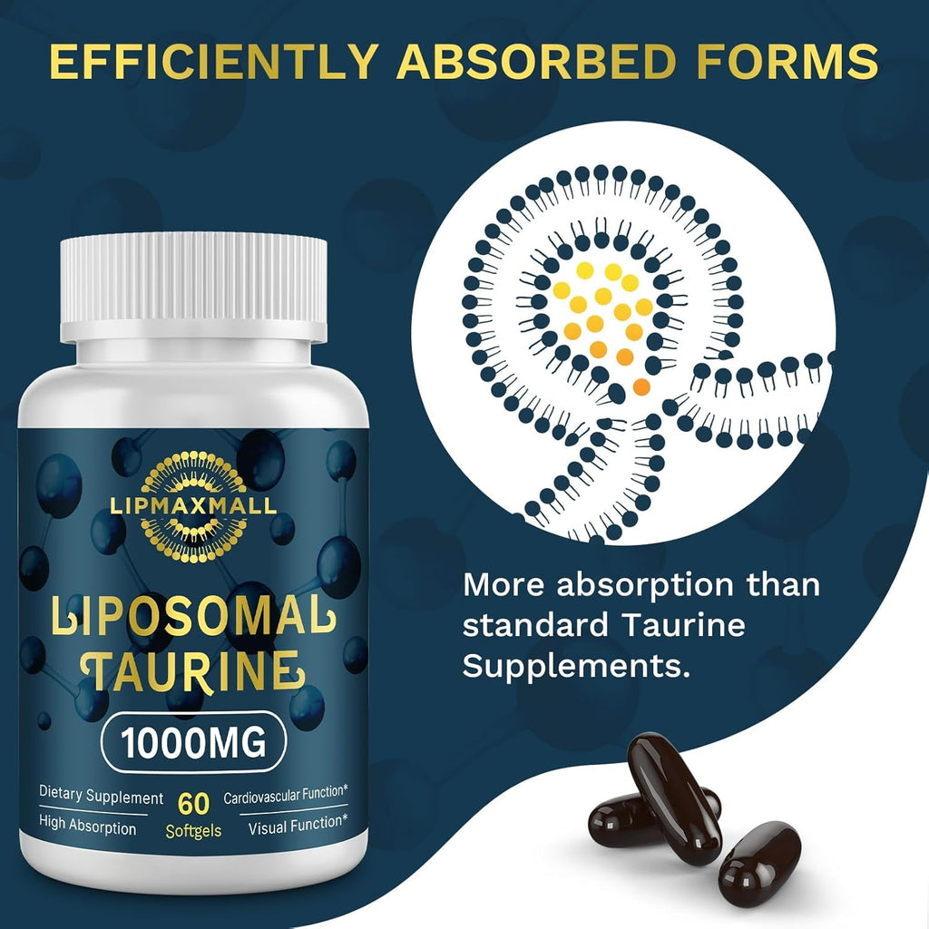 Lipmaxmall Liposomal Taurine Supplement 1000Mg, High Absorption Amino Acid for Heart, Nerve, Brain, Visual (60 Softgels - 1 Pack)