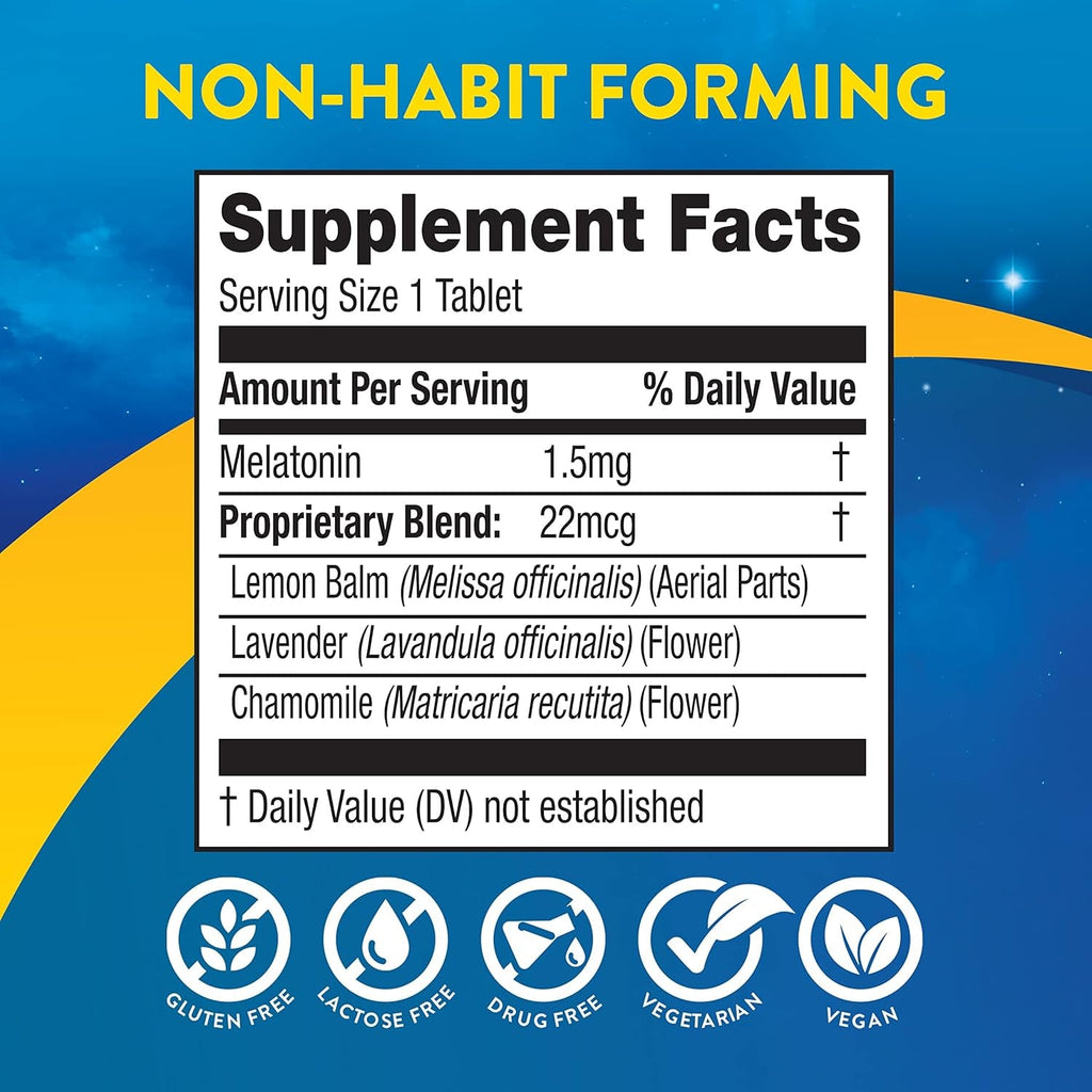 Midnite Back to Sleep Low Dose, 1.5 Mg Melatonin Sleep Aid, Non-Habit Forming, Herbal Dietary Supplement for Adults, Drug-Free, Gluten-Free & Lactose-Free, Vegetarian, Vegan, 30 Quick Melt Tablets