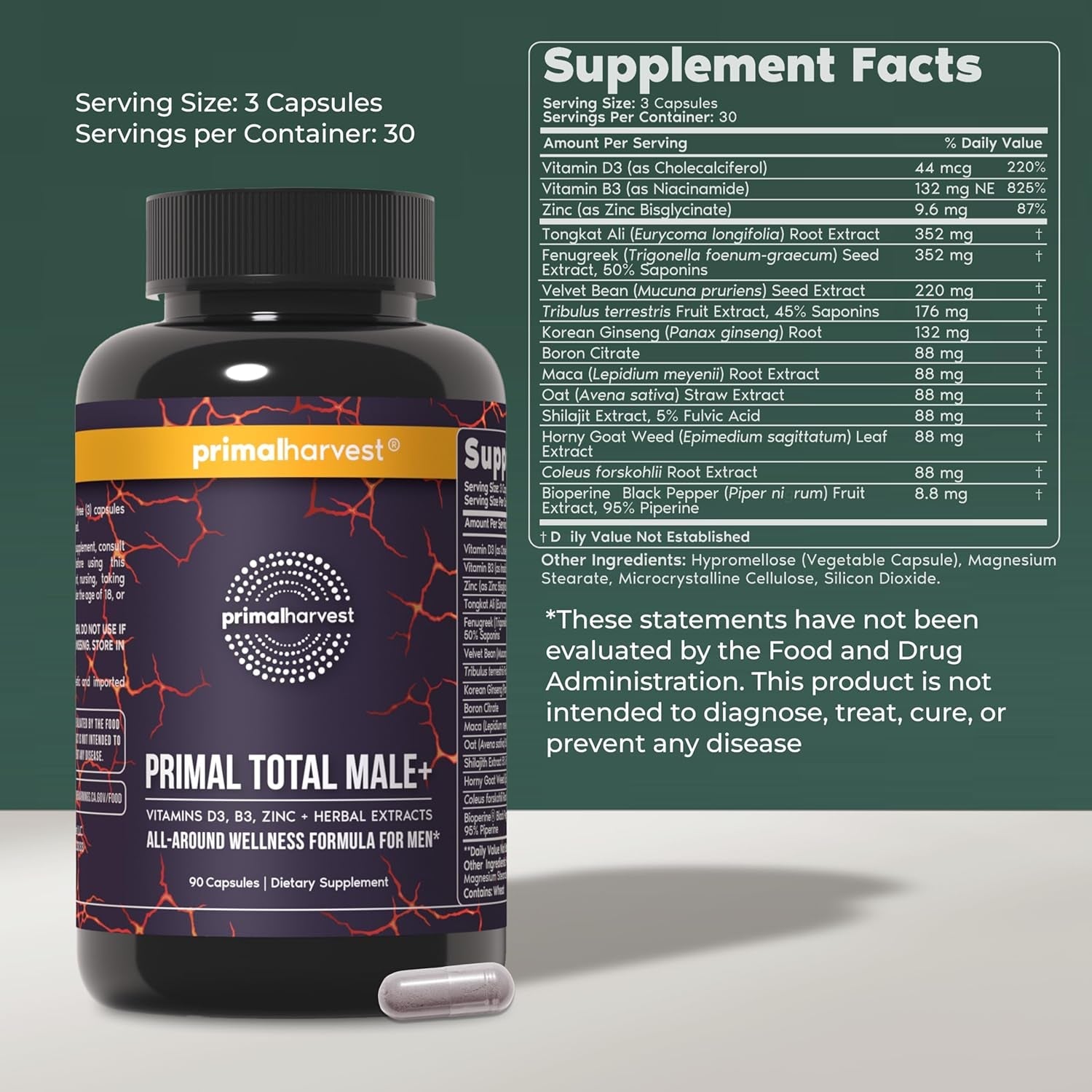 Primal Harvest Total Male+ Multivitamin for Men Vitamins, Minerals and Herbal Support for Energy, Vitality, Immune Health and Performance (1 Pack (90 Count))