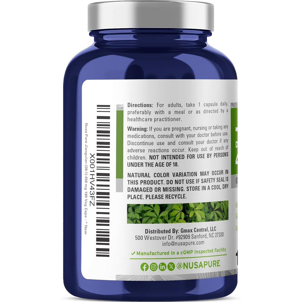 Nusapure Jiaogulan Capsules, 450 Mg, 180 Veg Capsules (Non-Gmo, Vegan)