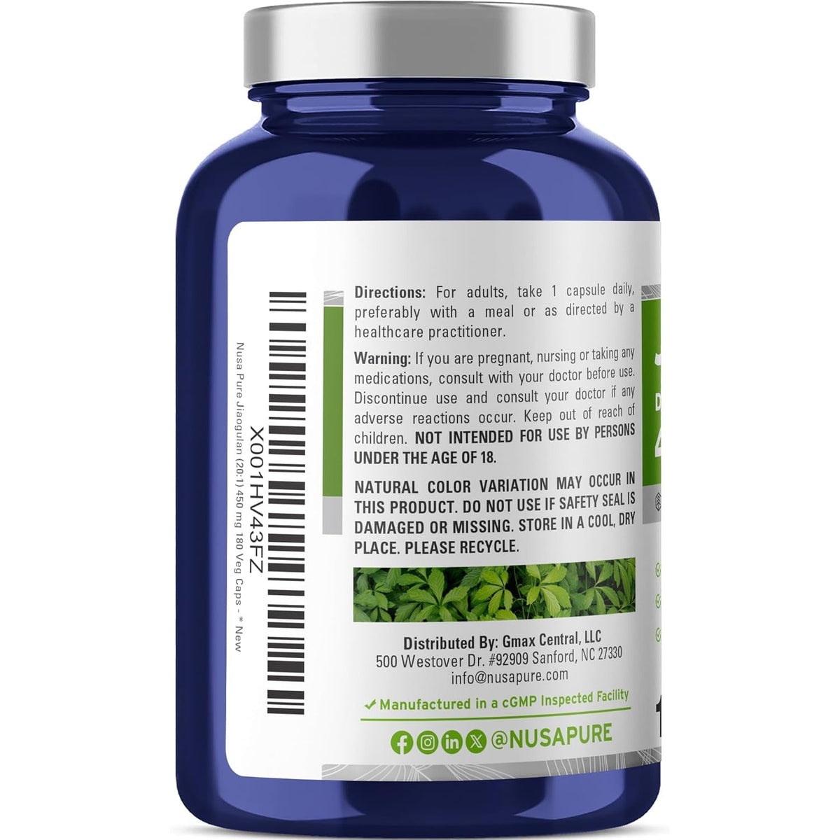 Nusapure Jiaogulan Capsules, 450 Mg, 180 Veg Capsules (Non-Gmo, Vegan)