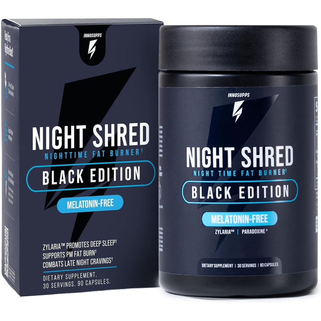 Night Shred Black Melatonin-Free - Night Time Fat Burner, Weight Loss, and Natural Sleep Support - GABA Complex with Ashwagandha, CLA, Grains of Paradise - Thermogenic Fat Burner - 90 Vegan Capsules