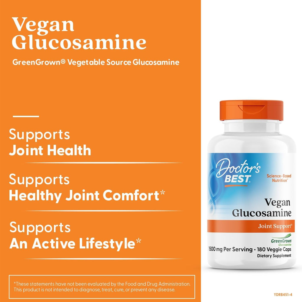 Doctor'S Best Vegan Glucosamine Supplement for Men & Women - Glucosamine 1500Mg per 2 Capsules, Joint Health Support for Adults, Gluten Free, Non GMO, Vegetarian/Vegan - 180 Veg Caps
