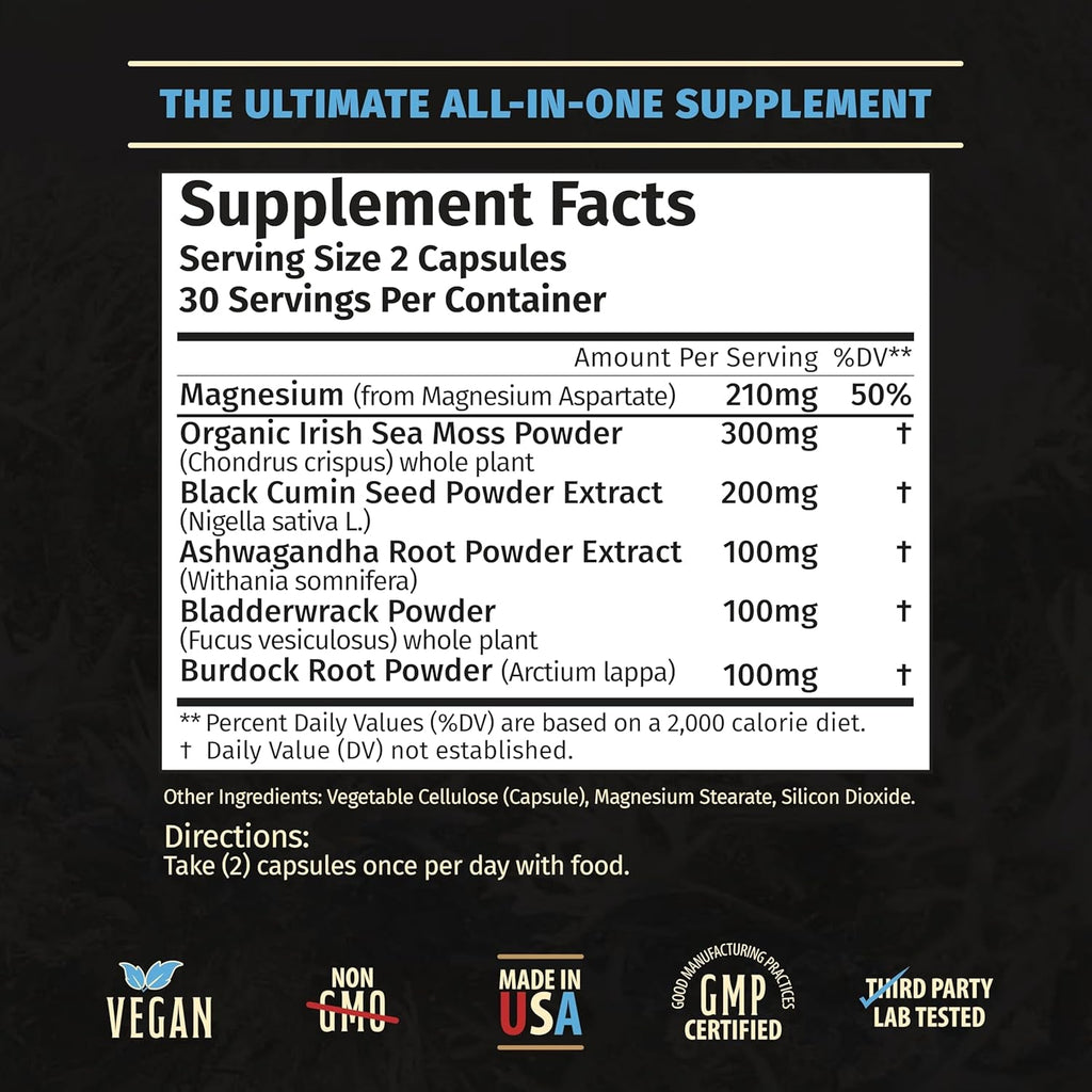Sea Moss Capsules – Irish Sea Moss Advanced, Magnesium, Ashwaghanda, Black Seed Oil, Burdock Root & Bladderwrack – Immune Support, Gut Health, Energy, & More – 60 Capsules