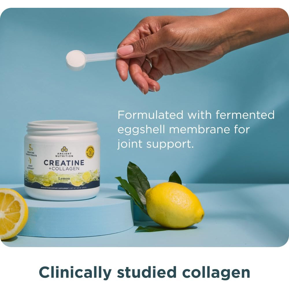 Ancient Nutrition Creatine + Collagen + Electrolytes – Muscle Strength, Lean Body Mass, Joint Comfort & Cognitive Support – Includes 5G Creatine Monohydrate for Women, Lemon (30 Servings)