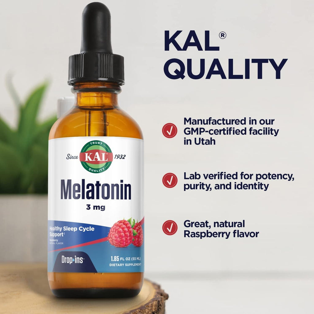 KAL Melatonin Dropins 3Mg, Healthy Sleep Aid Support, Liquid Melatonin Drops for Optimal Absorption & Calming Relaxation Support, Fast Acting, Natural Raspberry Flavor, Approx. 55 Servings, 1.85Oz