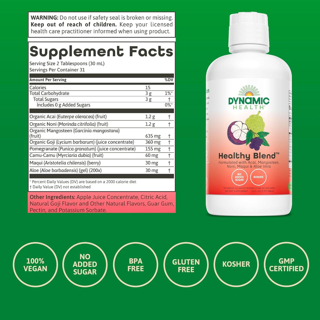 Dynamic Health Healthy Blend with Acai, Mangosteen, Noni, Maqui & Aloe Vera, No Additives, Immune System Support, Antioxidant, Vegan, Gluten Free, Non-Gmo, 32 Fl Oz