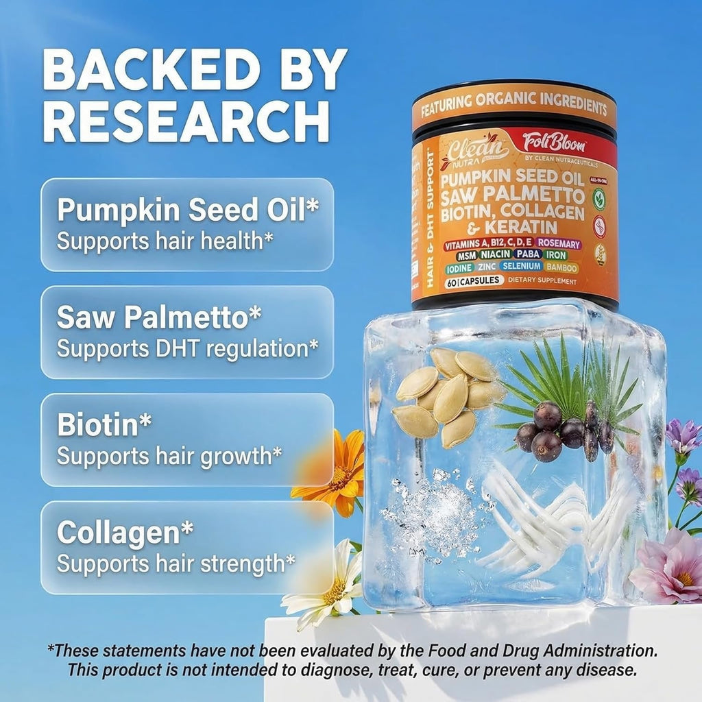 Clean Nutra Pumpkin Seed Oil Capsules + Saw Palmetto Biotin Collagen Keratin MSM Folate Hyaluronic Acid Supplements B12 Zinc Hair Supplement for Women Men Iodine 5-MTHF B-12 Vitamin B9-60 Pills