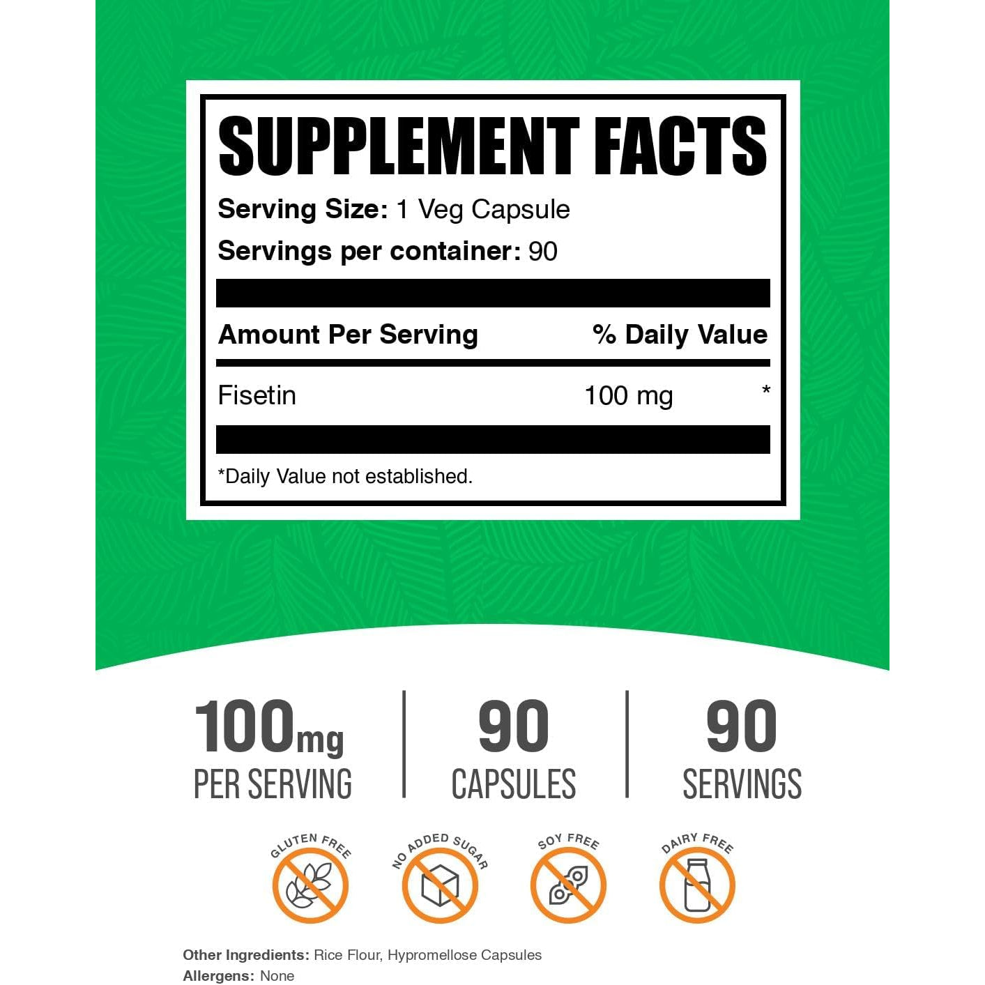 Bulksupplements.Com Fisetin Capsules - Fisetin 100Mg, Fisetin Supplement - Antioxidants Source, Vegan & Gluten Free, 1 Capsule per Serving, 90 Veg Capsules (Pack of 1)