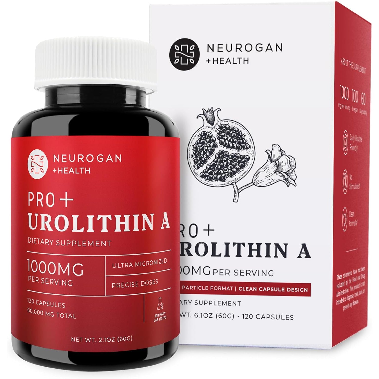 Neurogan Urolithin a PRO Capsules - 1000Mg, 120 Ct - Advanced Cellular Health, Post Biotic Supplements - Ultra Micronized Urolithin a Supplement, Sourced from Pomegranate Extract