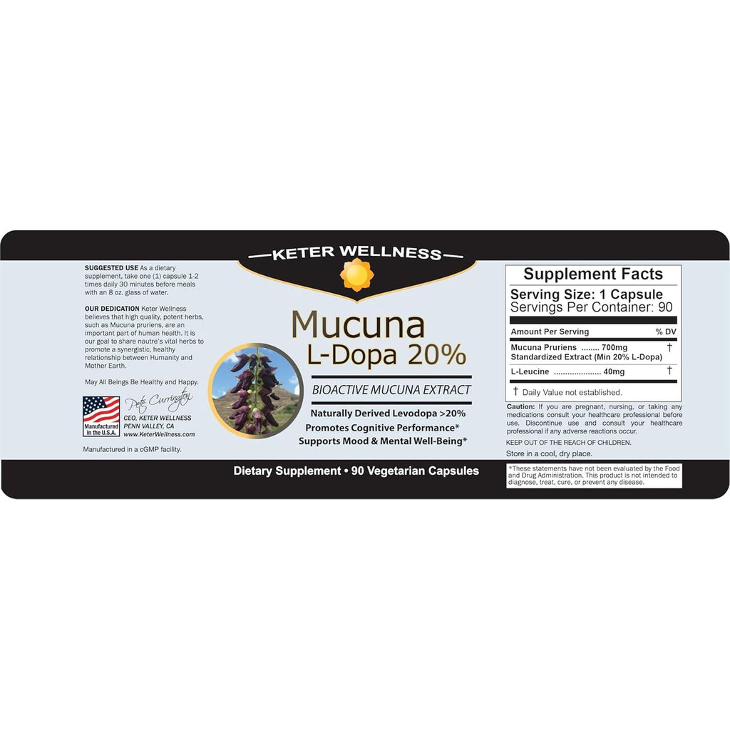 Mucuna Pruriens 20% L-Dopa – Standardized Velvet Bean Extract for Natural Dopamine, Focus & Mood Support – Pure 8:1 Concentrated Herbal Supplement – Vegan, Non-Gmo, 90 Capsules