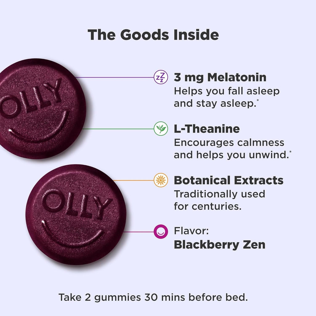 OLLY Sleep Gummy, 3 Mg Melatonin, L-Theanine, Chamomile, and Lemon Balm Extracts, Blackberry Flavor, 30 Day Supply - 60 Count