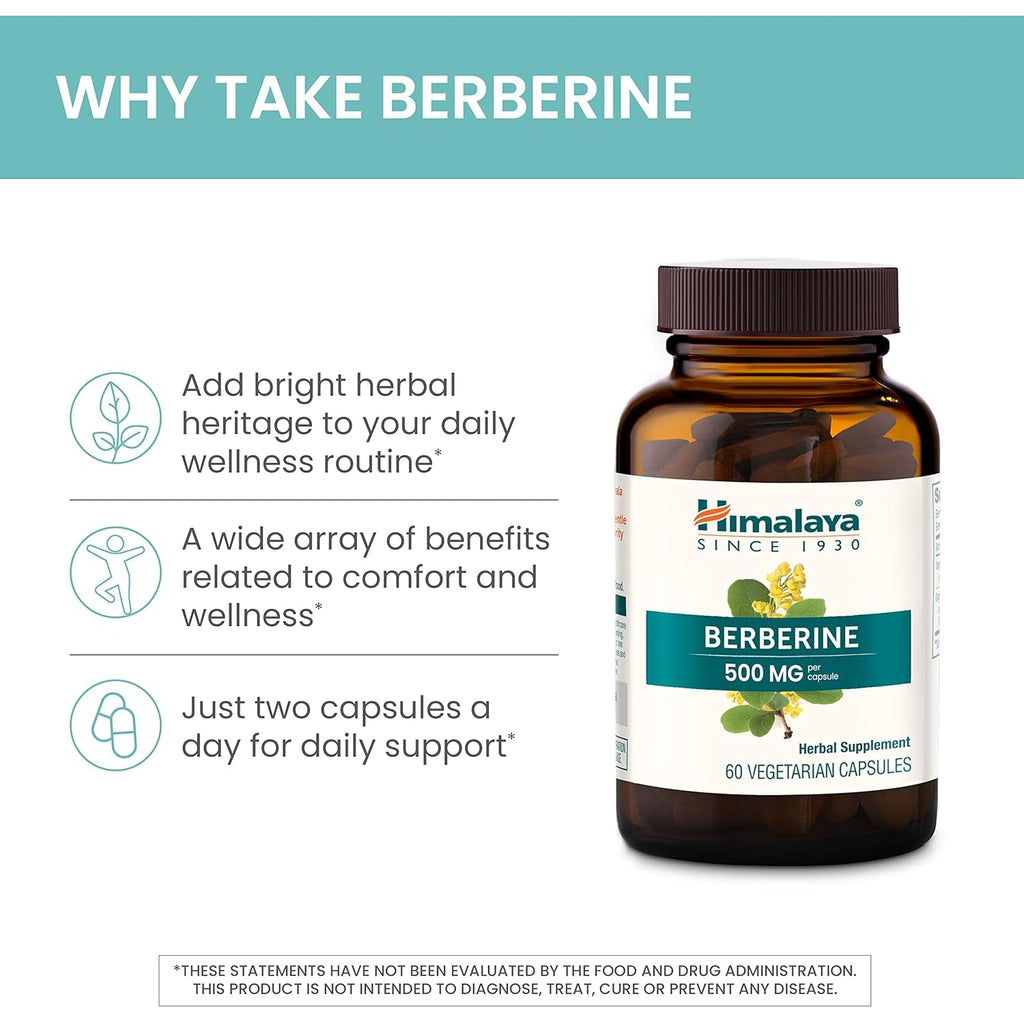 Himalaya Berberine - Herbal Supplement for Supporting Normal Metabolism, Immune, and Digestive Health - Vegan, Gluten Free, 500 Mg, 60 Vegetarian Capsules