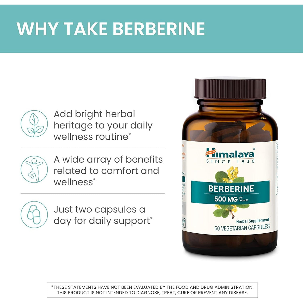 Himalaya Berberine - Herbal Supplement for Supporting Normal Metabolism, Immune, and Digestive Health - Vegan, Gluten Free, 500 Mg, 60 Vegetarian Capsules